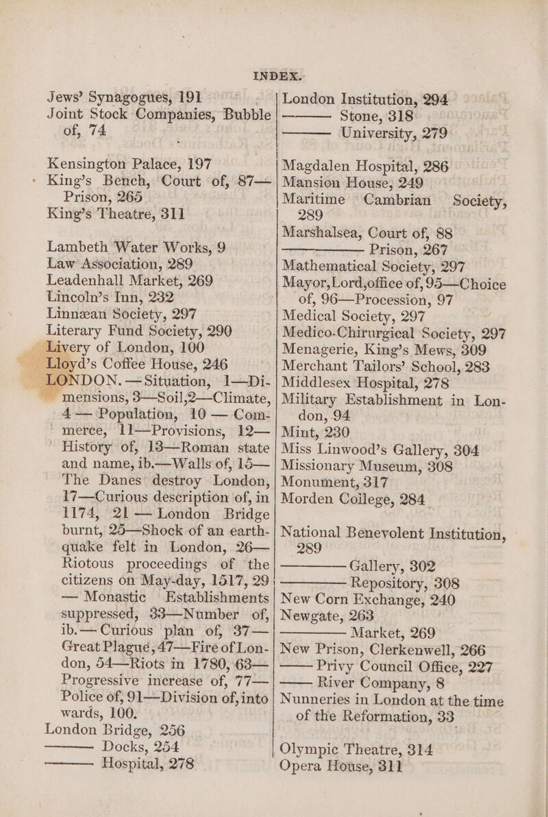 Jews’ Synagogues, 191 Joint Stock Companies, Bubble of, 74 Kensington Palace, 197 : King’s Bench, Court of, 87— Prison, 265 King’s Theatre, 311 Lambeth Water Works, 9 Law Association, 289 Leadenhall Market, 269 Lincoln’s Inn, 232 Linnean Society, 297 Literary Fund Society, 290 _ Livery of London, 100 yd’s Coffee House, 246 INDON. — Situation, 1—Di- - mensions, 3—Soil,2—Climate, 4.— Population, 10 — Com- ~ merce, 11—Provisions, 12— History of, 183—Roman state and name, ib.— Walls of, 15— The Danes destroy London, 17—Curious description of, in 1174, 21— London Bridge burnt, 25—Shock of an earth- quake felt in London, 26— Riotous proceedings of ‘the citizens on May-day, 1517, 29 — Monastic Establishments suppressed, 33—Number of, ib.— Curious ‘plan of, °37— Great Plague, 47—Fire of Lon- don, 54—Riots in 1780, -63— Progressive increase of, 77— Police of, 91—Division of, into wards, 100. London Bridge, 256 Docks, 254 Hospital, 278 London Institution, 294 Stone, 318 University, 279 Magdalen Hospital, 286 Mansion House, 249 Maritime Cambrian 289 Marshalsea, Court of, 88 —_———— Prison, 267 Mathematical Society, 297 Mayor, Lord,office of, 95—Choice 97 Society, Medical Society, 297 Medico-Chirurgical Society, 297 Menagerie, King’s Mews, 309 Merchant Tailors’ School, 283 Middlesex ‘Hospital, 278 Military Establishment in Lon- don, 94 Mint, 230 Miss ‘Linwood’s Gallery, 304 Missionary Museum, 308 Monument, 317 Morden College, 284 National Benevolent Institution, 289 Gallery, 302 Repository, 308 Newgate, 263 Market, 269 New Prison, Clerkenwell, 266 Privy Council Office, 227 River Company, 8 Nunneries in London at the time of the Reformation, 33 Olympic Theatre, 314 Opera House, 31]