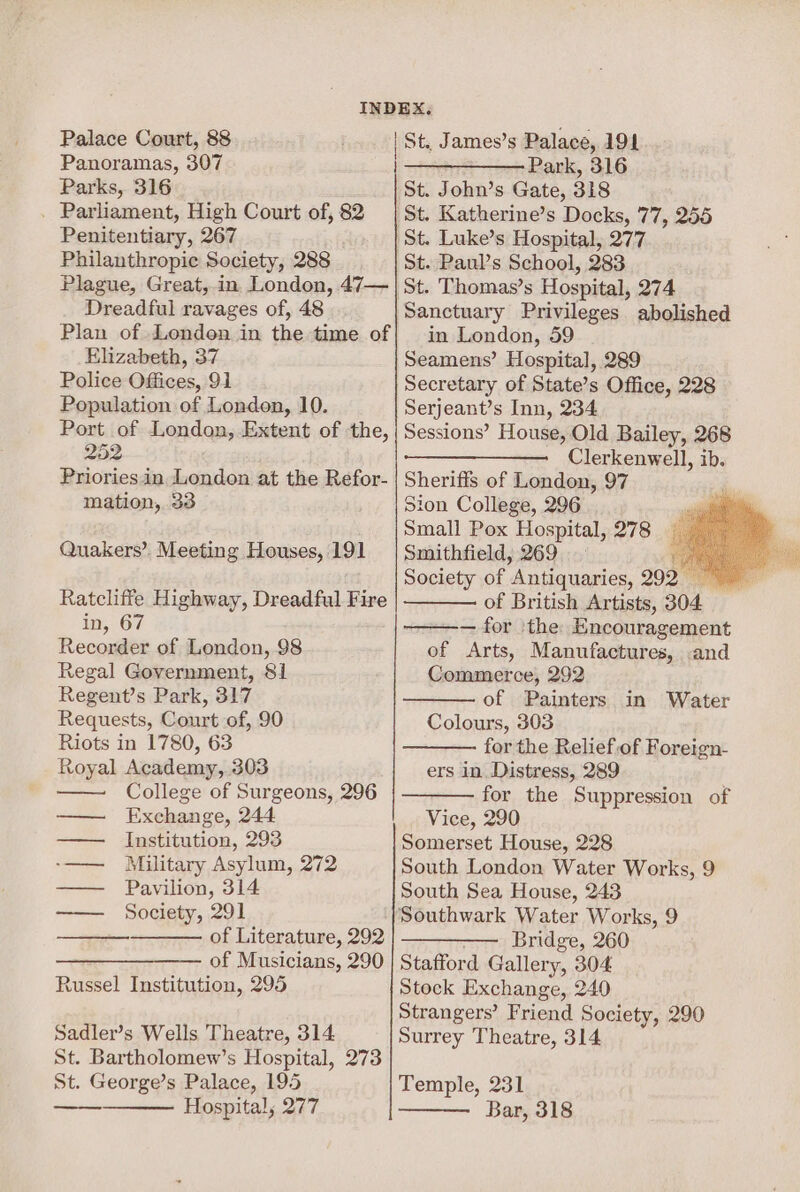 Panoramas, 307 Parks, 316 . Parliament, High Court of, 82 Penitentiary, 267 Philanthropic Society, 288 Plague, Great, in London, 47— Dreadful ravages of, 48 Plan of London in the time of Elizabeth, 37 Police Offices, 91 Population of London, 10. Port of London, Extent of ‘the, 252 Priories.in, London at the Refor- mation, 33 Quakers’. Meeting Houses, 191 Ratcliffe Highway, Dreadful Fire in, 67 Recorder of London, 98 Regal Government, 81 Regent’s Park, 317 Requests, Court of, 90 Riots in 1780, 63 Royal Academy, 303 College of Surgeons, 296 Exchange, 244 Institution, 293 Military Asylum, 272 Pavilion, 314 Society, 291 of Literature, 292 of Musicians, 290 Russel Institution, 295 Hd | Sadler’s Wells Theatre, 314 St. Bartholomew’s Hospital, 273 St. George’s Palace, 195 Hospital; 277 eee Park, 316 St. John’s Gate, 318 St. Katherine’s Docks, 77, 255 St. Luke’s Hospital, 277 St. Panl’s School, 283 St. Thomas’s Hospital, 274 Sanctuary Privileges. abolished in London, 59 Seamens’ Hospital, 289 Secretary of State’s Office, 228 Serjeant’s Inn, 234 Sessions’ House, Old Bailey, 268 Clerkenwell, ib. Sheriffs of London, 97 ) Sion College, 296 Small Pox Hospital, 278 Smithfield, 269 oo Society of Antiquaries, 292. of British Artists, 304 — for ‘the: Encouragement of Arts, Manufactures, and Commerce, 292 of Painters Colours, 303 for the Relief.of Foreign- ers in Distress, 289 for the Suppression of Vice, 290 Somerset House, 228 South London Water Works, 9 South Sea House, 243 Southwark Water Works, 9 ——— Bridge, 260 Stafford Gallery, 304 Stock Exchange, 240 Strangers’ Friend Society, 290 Surrey Theatre, 314 in Water Temple, 231 Bar, 318
