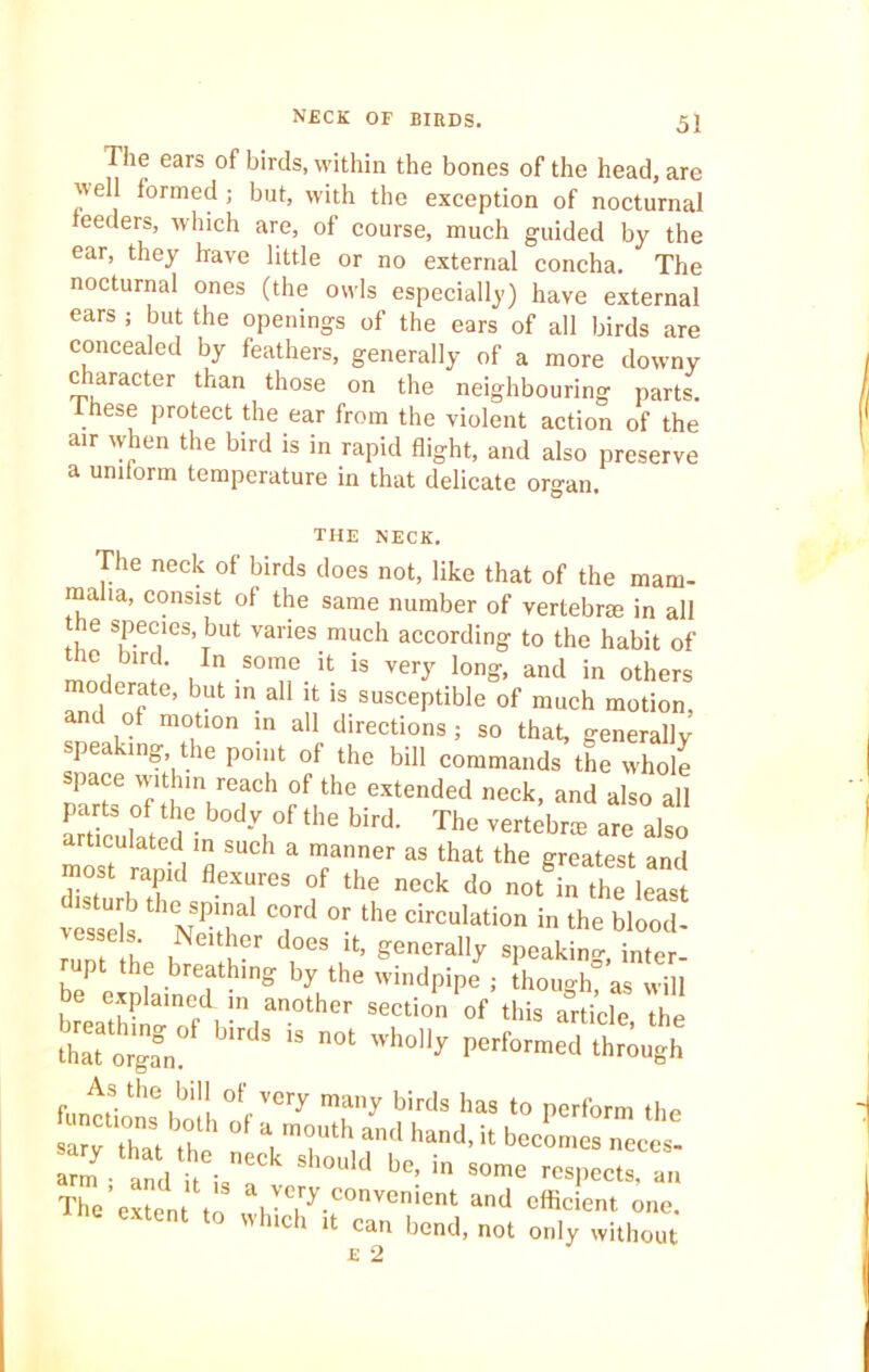 NECK OF BIRDS. 1 he ears of birds, within the bones of the head, are well formed; but, with the exception of nocturnal eeders, which are, of course, much guided by the ear, they have little or no external concha. The nocturnal ones (the owls especially) have external ears ; but the openings of the ears of all birds are concealed by feathers, generally of a more downy c laracter than those on the neighbouring parts. These protect the ear from the violent action of the air when the bird is in rapid flight, and also preserve a uniform temperature in that delicate organ. TriJS NECK. The neck of birds does not, like that of the mam- malia, consist of the same number of vertebne in all 6 TT'^ VaneS mucb according to the habit of rnL, uIn.S0T 5t is ve,T lon§h and in others moderate, but in all it is susceptible of much motion, and of motion in all directions ; so that, generally pea ing, the point of the bill commands the whole space within reach of the extended neck, and also all articulatS6- \°f the bird The vertebra a^e also articulated in such a manner as that the greatest and most rapid flexures of the neck do noUn the least vessels T* °- th<3 circulation “ the blood- Z R 1N1. doeS ltj generally speaking, inter- p e breathing by the windpipe ; though, as will be explained in another section of this article the is not wh0y p6'1,0™1 f„nZ the ubi'l 0t/ery many birds has to perform the The’extent to vvhyC.ry-rnVenient and efficient OIle- ihich it can bend, not only without e 2