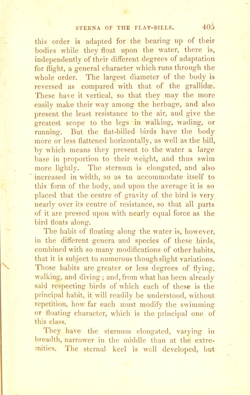 this order is adapted for the bearing up of their bodies while they float upon the water, there is, independently of their different degrees of adaptation for flight, a general character which runs through the whole order. The largest diameter of the body is reversed as compared with that of the grallidse. These have it vertical, so that they may the more easily make their way among the herbage, and also present the least resistance to the air, and give the greatest scope to the legs in walking, wading, or running. But the flat-billed birds have the body more or less flattened horizontally, as w’ell as the bill, by which means they present to the water a large base in proportion to their weight, and thus swim more lightly. The sternum is elongated, and also increased in width, so as to accommodate itself to this form of the body, and upon the average it is so placed that the centre of gravity of the bird is very nearly over its centre of resistance, so that all parts of it are pressed upon with nearly equal force as the bird floats along. The habit of floating along the water is, however, in the different genera and species of these birds, combined with so many modifications of other habits, that it is subject to numerous though slight variations. Those habits are greater or less degrees of flying, walking, and diving ; and, from what has been already said respecting birds of which each of these is the principal habit, it will readily be understood, without repetition, how far each must modify the swimming or floating character, which is the principal one of this class. They have the sternum elongated, varying in breadth, narrower in the middle than at the extre- mities. The sternal keel is well developed, but