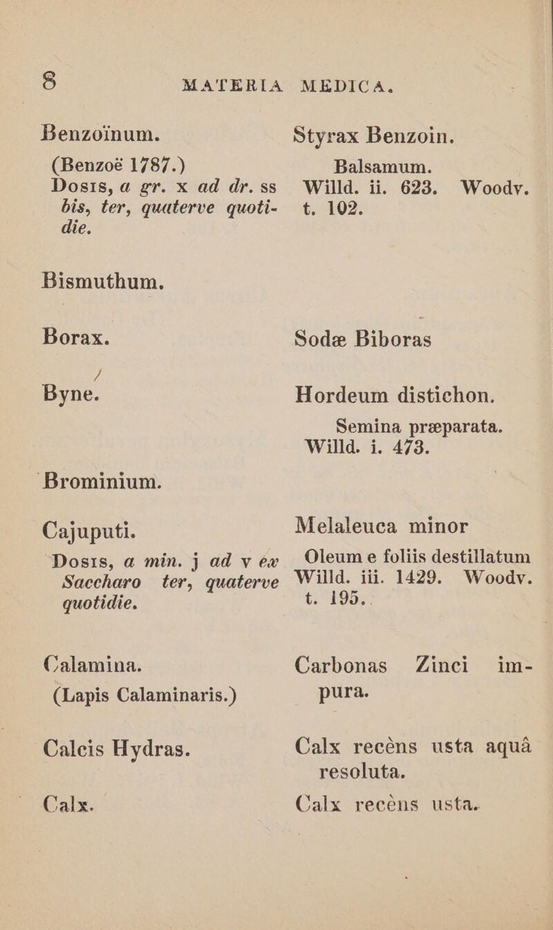 Benzoinum. (Benzoé 1787.) Dosis, a gr. x ad dr. ss bis, ter, quaterve quoti- die. Bismuthum. Borax. / Byne. ‘Brominium. Cajuputi. Dosis, a min. j ad v ex Saccharo ter, quaterve quotidie. Calamina. (Lapis Calaminaris.) Calcis Hydras. Calx. Styrax Benzoin. Balsamum. Willd. ii. 623. Woody. t. 102. Sode Biboras Hordeum distichon. Semina preparata. Willd. i. 473. Melaleuca minor Oleum e foliis destillatum Willd. iii. 1429. Woodv. 62°995 =: Carbonas Zinci im- pura. Calx recéns usta aqua resoluta. Calx recens usta.