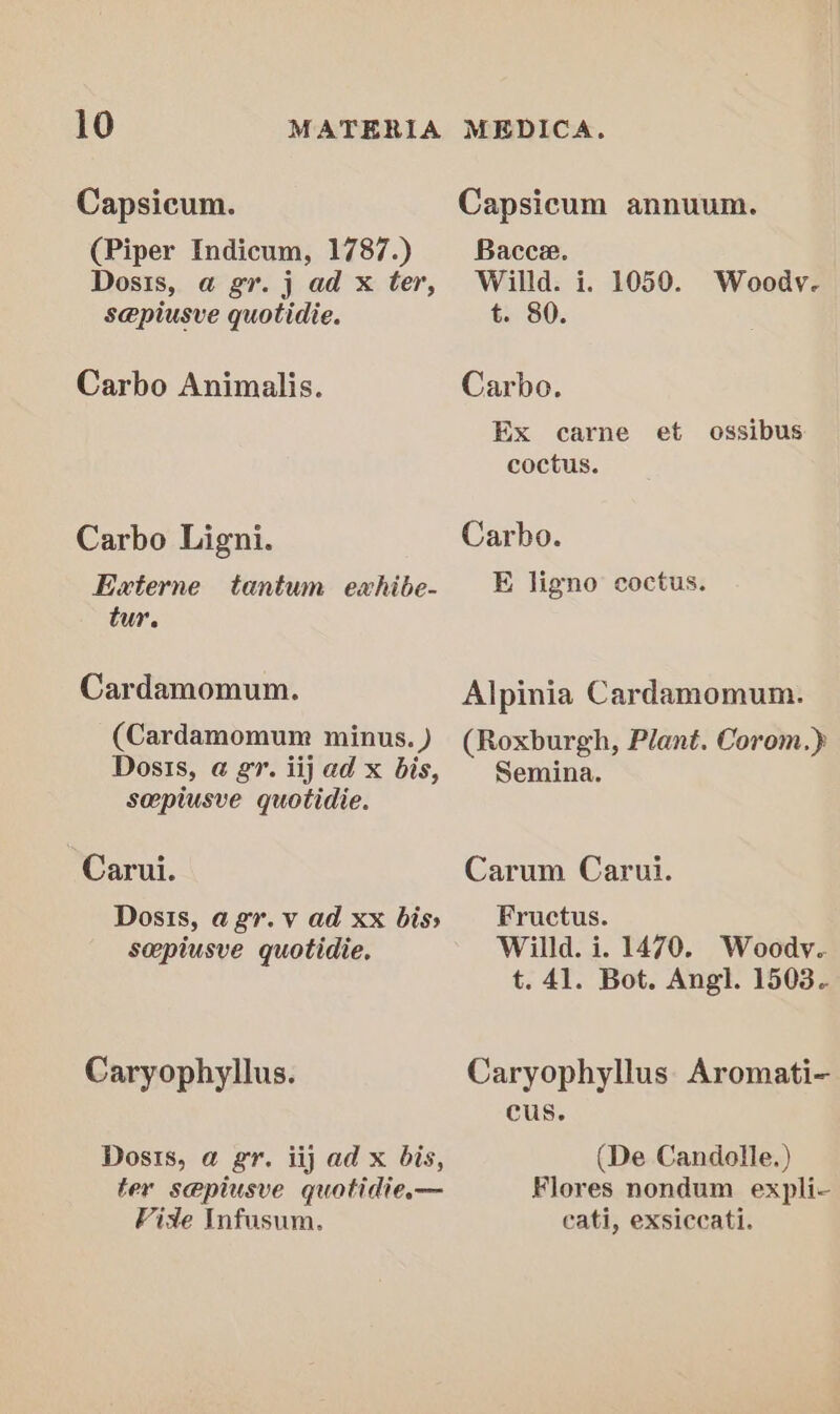 Capsicum. (Piper Indicum, 1787.) Dosis, a gr. j ad x ter, se@piusve quotidie. Carbo Animalis. Carbo Ligni. Externe tantum ewxhibe- tur. Cardamomum. (Cardamomum minus. ) Dosis, @ gr. iij ad x bis, seeptusve quotidie. Carui. Dosis, agr.v ad xx bis» seepiusve quotidie. Caryophyllus. Dosis, a gr. iij ad x bis, ter sepiusve quotidie,— Vide Infusum. Capsicum annuum. Bacce. Willd. i. 1050. Woodv.- t. 80. Carbo. Ex carne et ossibus coctus. Carbo. E ligno coctus. Alpinia Cardamomum. (Roxburgh, Plant. Corom.) Semina. Carum Carui. Fructus. Willd. i. 1470. Woodv.. t. 41. Bot. Angl. 1503. Caryophyllus Aromati- cus. (De Candolle. ) Flores nondum expli- cati, exsiccati.