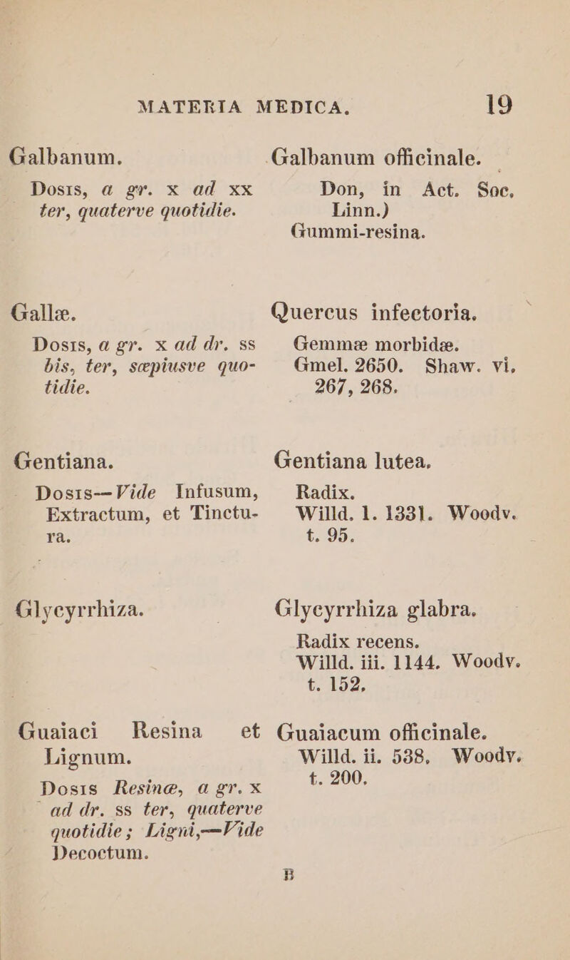 Dosis, a@ gr. x ad xx ter, quaterve quotidie. Galle. Dosis, agr. x ad dr. ss bis, ter, sceepiusve quo- tidie. Gentiana. Dosis-—Vide Infusum, Extractum, et Tinctu- ra. Glycyrrhiza. Guaiaci Resina et Lignum. Dosis Resine, a gr. x “ad dr. ss ter, quaterve quotidie; Ligni,—Vide Decoctum. 19 Don, in Act. Soe, Linn.) Gummi-resina. Quercus infectoria. Gemme morbide. Gmel. 2650. Shaw. Vi, 267, 268. Gentiana lutea. Radix. Willd. 1. 1331. Woodv. t. 95. Glyeyrrhiza glabra. Radix recens. Willd. iii. 1144. Woody. €. 152; Guaiacum officinale. Willd. ii. 5388. Woody. t. 200.