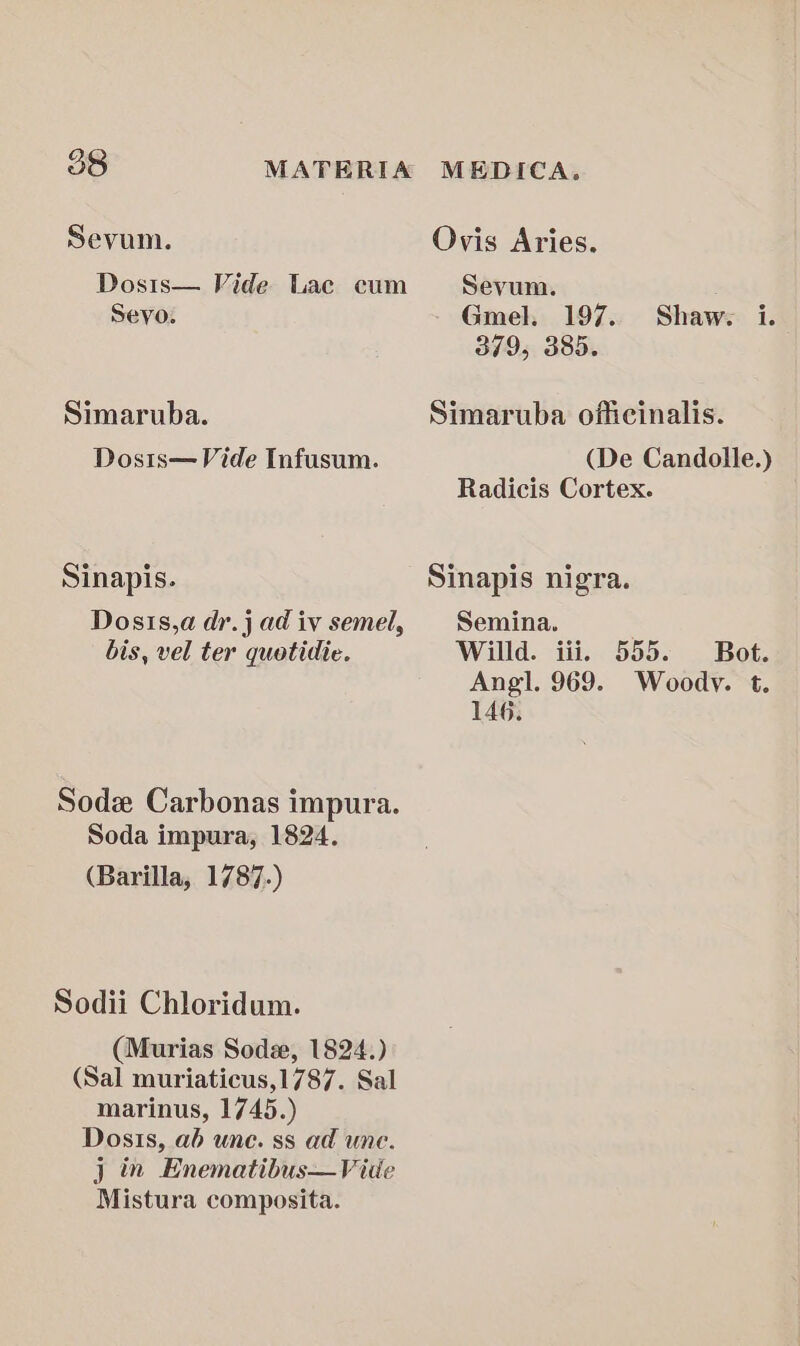 Sevum. Dosts— Vide Lac eum Sevyo. Simaruba. Dosts— Vide Infusum. Sinapis. Dosis,a dr.j ad iv semel, bis, vel ter quotidie. Sodz Carbonas impura. Soda impura, 1824. (Barilla, 1787.) Sodii Chloridum. (Murias Soda, 1824.) (Sal muriaticus,1787. Sal marinus, 1745.) Dosis, ab une. ss ad une. j in Enematibus—Vite Mistura composita. Ovis Aries. Sevum. - Gmel. 197. Shaws i. 379, 385. Simaruba officinalis. (De Candolle.) Radicis Cortex. Sinapis nigra. Semina. Willd. iii. 555. Bot. Angl. 969. Woody. t. 146.