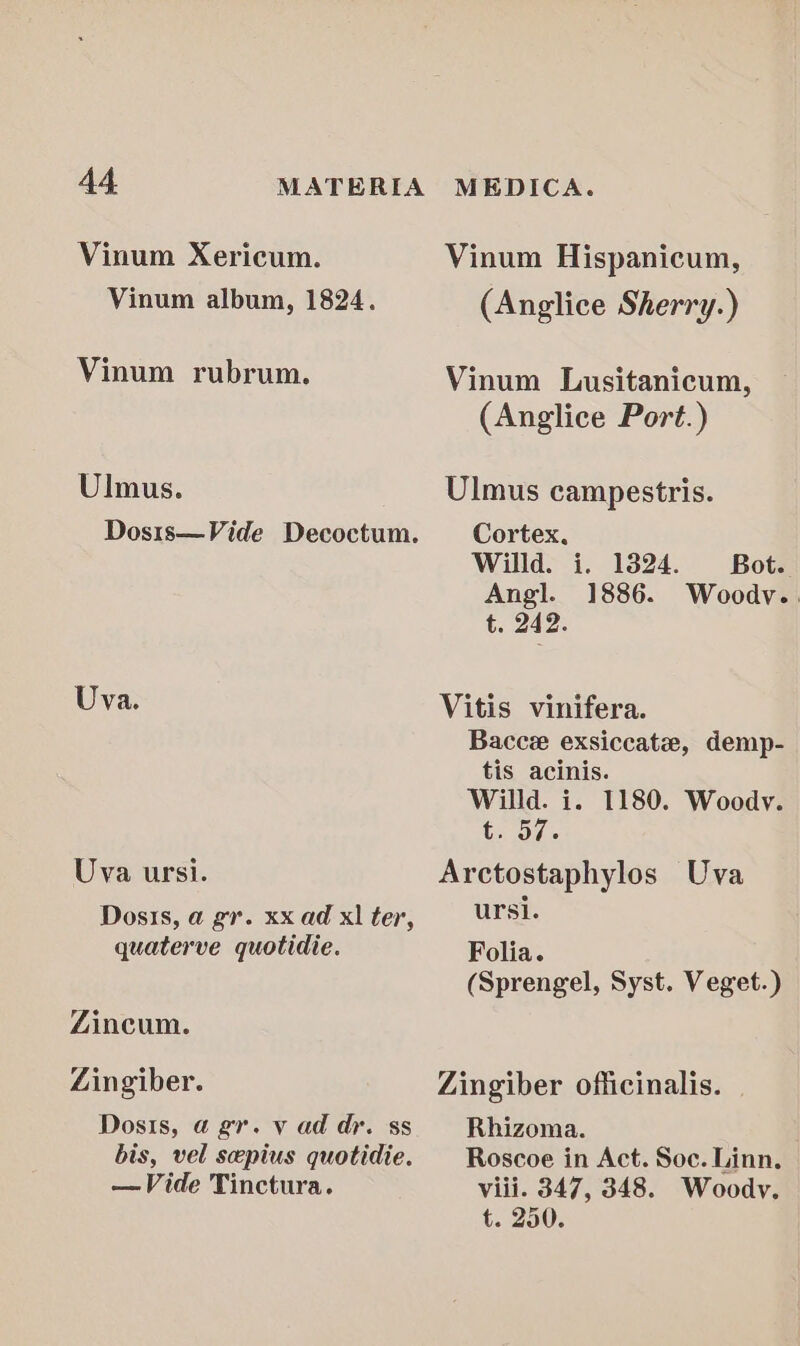 Vinum Xericum. Vinum album, 1824. Vinum rubrum. Ulmus. Dosis—Vide Decoctum. Uva. Uva ursi. Dosis, a gr. xx ad xl ter, quaterve quotidie. Zincum. Zingiber. Dosis, a gr. v ad dr. ss — Vide Tinctura. Vinum Hispanicum, (Anglice Sherry.) Vinum Lusitanicum, (Anglice Port.) Ulmus campestris. Cortex, Willd. i. 13824. Bot. Angl. 1886. Woodv.. t. 242. Vitis vinifera. Bacce exsiccate, demp- tis acinis. Willd. i. 1180. Woodv. 37. Arctostaphylos Uva ursi. Folia. (Sprengel, Syst. Veget.) Zingiber officinalis. Rhizoma. Roscoe in Act. Soc. Linn. viii. 347, 348. Woodv. t. 250.