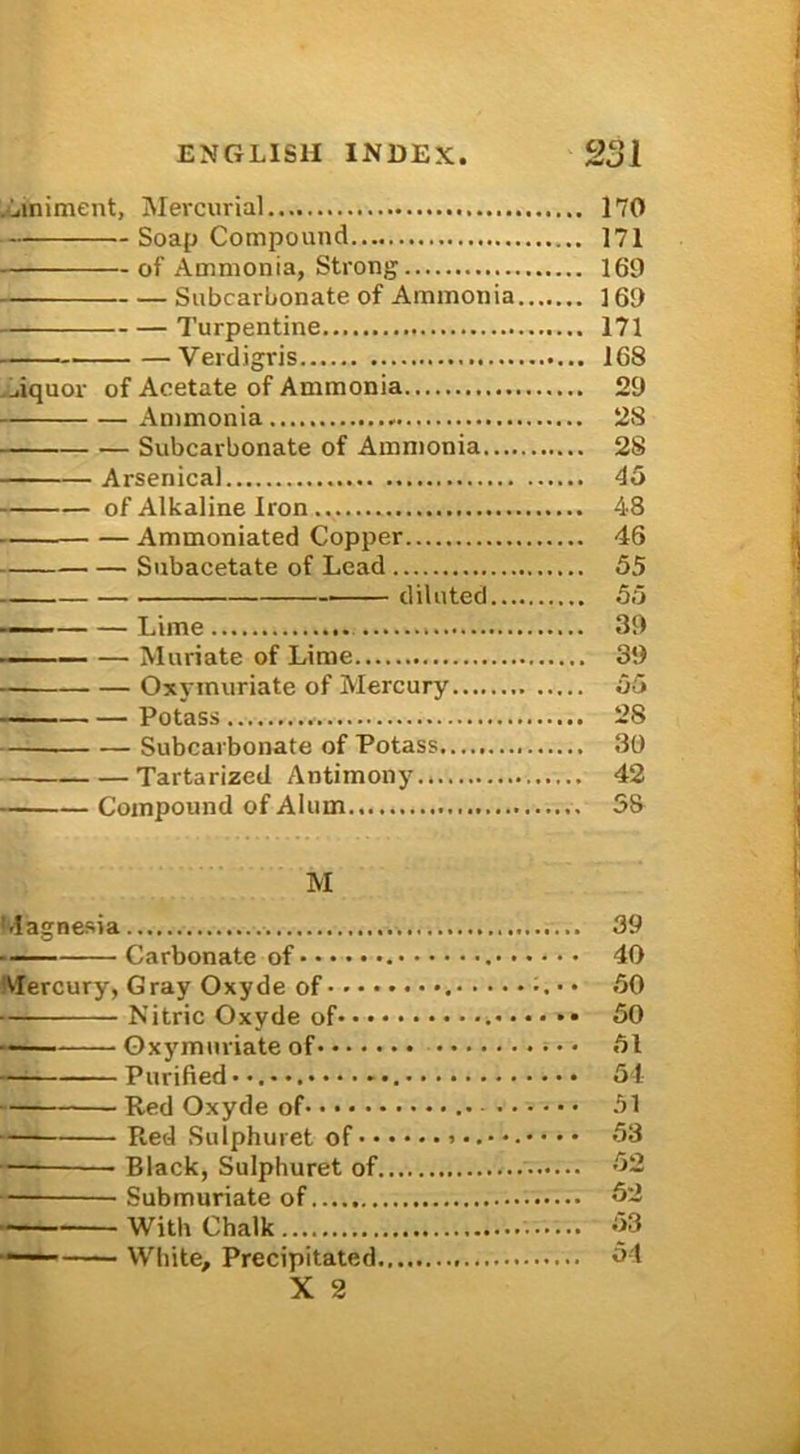 jlaniment, Mercurial 170 Soap Compound 171 of Ammonia, Strong 169 Subcarbonate of Ammonia ] 69 — Turpentine 171 Verdigris 168 Aquor of Acetate of Ammonia 29 Ammonia 28 Subcarbonate of Ammonia 28 Arsenica! 45 of Alkaline Iron 48 Ammoniated Copper 46 Subacetate of Lead 55 diluted 55 — Lime 39 — — Muiiate of Lime 39 Oxymuriate of Mercury 55 Potass 28 Subcarbonate of Potass 30 Tartarized Antimony 42 Compound of Alum 58 M Magnesia 39 Carbonate of 40 VIercury, Gray Oxyde of • 50 Nitric Oxyde of 50 —— Oxymuriateof 51 Purified* 51 Red Oxyde of 51 Red Sulphuret of 53 — Black, Sulphuret of 52 Submuriate of 52 WithChalk 53 Wliite, Precipitated 51 X 2