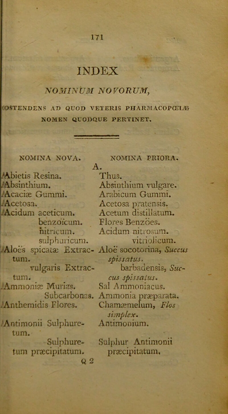 INDEX NO51 INUM NOVOR UM, OOSTENDENS AD QUOD VETERIS PHARMACOPCEIjB NOMEN QUODQUE PERTINET. NOMINA NOVA. /Abietis Resina. /Absinthium. /Acaciae Gummi. . Acetosa. .Acidum aceticum. benzoicum. nitricum. sulphuricum. Aloes spicatae Extrac- tum. vulgaris Extrac- tum. .Ammoniae Murias. Subcarbonas. .Anthemidis Flores. Antimonii Sulphure- tum. Sulphure- tum praecipitatum. « 2 NOMINA PRIORA. A. Thus. Absinthium vulgare. Arabicum Gummi. Acetosa pratensis. Acetum distillatum. Flores Benzdes. Acidum nitrosum. vitriolicum. Aloe socotorina, Succus spissatus. barbadensis, Suc- cus spissatus. Sal Ammoniacus. Ammonia praeparata. Chamaemelum, Flos simplex. Antimonium. Sulphur Antimonii praecipitatum.