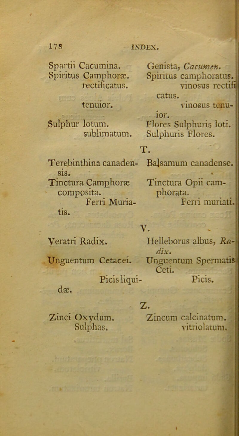 Spartii Cacumina. Spiritus Camphoras. rectilicatus. tenuior. Sulphur lotum. sublimatum. Terebinthina canaden- sis. Tinctura Camphorae composita. Ferri Muria- tis. Veratri Radix. Unguentum Cetacei. Picis liqui- das. Genista, Cacumen. Spiritus camphoratus.j vinosus rectifi catus. vinosus tenu- ior. Flores Sulphuris loti. Sulphuris Flores. T. Balsamum canadense. j Tinctura Opii cam- phorata. Ferri muriati.l V. Helleborus albus, Ra- dix. Unguentum Spermatisi Ceti. Picis. Zinci Oxydum. Sulphas. Z. Zincum calcinatum. vitriolatum.