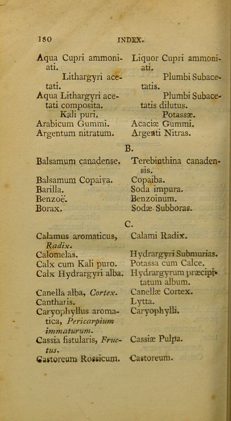 Aqua Cupri ammoni- ati. Lithargyri ace- ta ti. Aqua Lithargyri ace- tati composita. Kali puri. Arabicum Gummi. Argentum nitratum. Balsamum canadense. Balsamum Copaiva. Baiilla. Benzoe. Borax. Calamus aromaticus, Radix. Calomelas. Calx cum Kali puro. Calx Hydrargyri alba. Canella alba, Cortex. Canthai is. Caryopbyllus aroma- tica, Pericarpium immaturum. Cassia fistularis, Fruc- tus. Castoreum Rossicum. Liquor Cupri ammoni- ati. Plumbi Subace- tatis. Plumbi Subace- tatis dilutus. Potassae. Acaciae Gummi. Argenti Nitras. B. Terebinthina canaden- sis. Copaiba. Soda impura. Benzoinum. Sodae Subboras. C. Calami Radix. Hydrargyri Submurias, Potassa cum Calce. Hydrargyrum praecipi* tatum album. Canellae Cortex. Lytta. Caryophylli. Cassiae Pulpa. Castoreum.