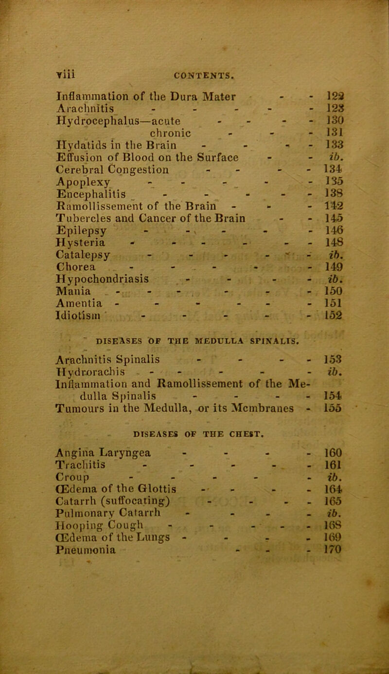 P Inflammation of the Dura Mater Arachnitis ... Hydrocephalus—acute chronic Hydatids in the Brain Effusion of Blood on the Surface Cerebral Congestion Apoplexy - Encephalitis - Ramollissement of the Brain Tubercles and Cancer of the Brain Epilepsy Hysteria - - Catalepsy - Chorea - Hypochondriasis Mania - - Amentia - Idiotism - 122 128 130 131 133 ib. 134 135 13S 142 145 146 148 ib. 149 ib. 150 151 152 diseases of the medulla spinalis. Arachnitis Spinalis - - - 153 Hydrorachis - - - ib. Inflammation and Ramollissement of the Me- dulla Spinalis - - - 154 Tumours in the Medulla, or its Membranes - 155 DISEASES OF THE CHEST. Angina Laryngea .... ]60 Tracliitis - - 161 Croup .... ib. CEdema of the Glottis - - - - 164 Catarrh (suffocating) - - - 165 Pulmonary Catarrh - ... ib. Hooping Cough - - ... 168 CEdema of the Lungs - 169 Pneumonia - - - 170