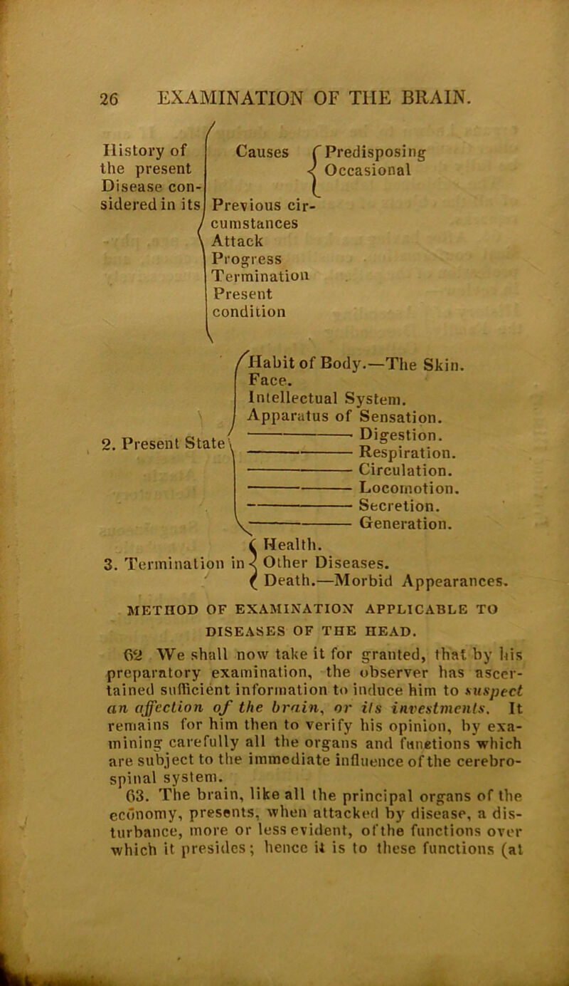 History of the present D isease con- sidered in its / Causes C Predisposing < Occasional Previous cir- cumstances Attack Progress Termination Present condition \ ) 2. Present State \ f Habit of Body.—The Skin. Face. Intellectual System. Apparatus of Sensation. Digestion. Respiration. Circulation. Locomotion. Secretion. Generation. v C Health. 3. Termination in< Other Diseases. { Death.—Morbid Appearances. METHOD OF EXAMINATION APPLICABLE TO DISEASES OF THE HEAD. 62 We shall now take it for granted, that by his preparatory examination, the observer has ascer- tained sufficient information to induce him to suspect an affection of the brain, or its investments. It remains for him then to verify his opinion, by exa- mining carefully all the organs and functions which are subject to the immediate influence of the cerebro- spinal system. 63. The brain, like all the principal organs of the economy, presents, when attacked by disease, a dis- turbance, more or less evident, of the functions over which it presides; hence it is to these functions (at