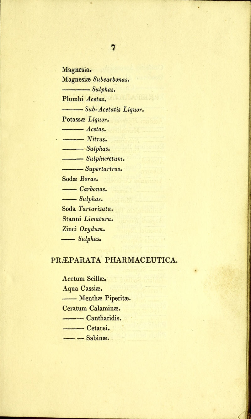 Magnesia. Magnesiae Suhcarbonas, Sulphas, Plumbi Acetas, Sub-Acetatis Liquor, Potassae Liquor, Acetas, Nitras, Sulphas, Sulphutetum, Supertartras, Sodae Boras, Carbonas, Sulphas, Soda Tartarizata. Stanni Limatura, Zinci Oxydum, Sulphas» PRiEPARATA PHARMACEUTICA. Acetum Scillae. Aqua Cassiae. Menthae Piperitae, Ceratum Calaminae. Cantharidis. Cetacei. — — Sabinae.