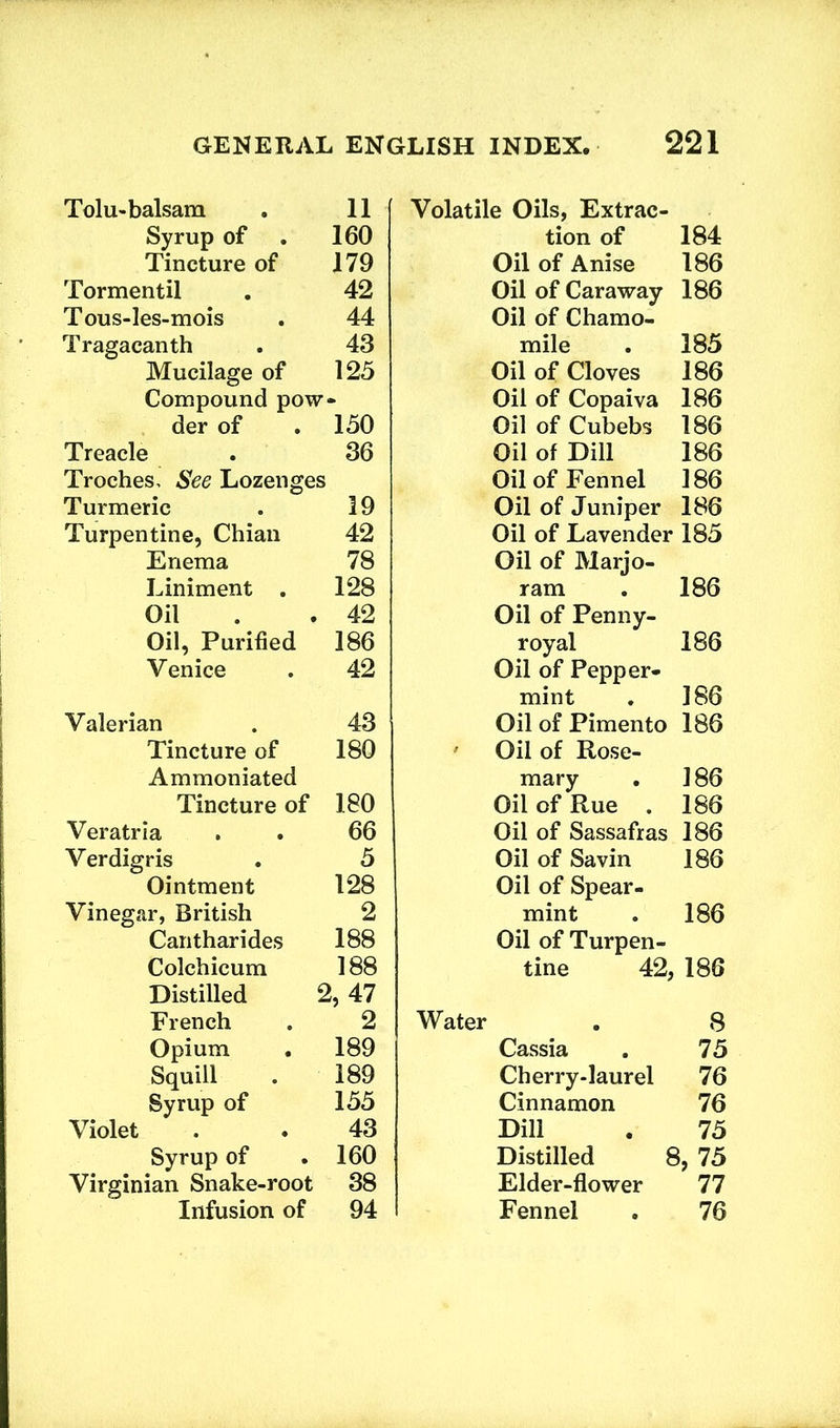 Tolu-balsam 11 Syrup of 160 Tincture of 179 Tormentil 42 Tous-les-mois 44 Tragacanth 43 Mucilage of 125 Compound pow der of 150 Treacle 36 Troches, See Lozenges Turmeric 19 Turpentine, Chian 42 Enema 78 Liniment . 128 Oil 42 Oil, Purified 186 Venice 42 Valerian 43 Tincture of 180 Ammoniated Tincture of 180 Veratria 66 Verdigris 5 Ointment 128 Vinegar, British 2 Cantharides 188 Colchicum 188 Distilled 2 1, 47 French 2 Opium . 189 Squill 189 Syrup of 155 Violet 43 Syrup of 160 Virginian Snake-root 38 Infusion of 94 Volatile Oils, Extrac- tion of 184 Oil of Anise 186 Oil of Caraway 186 Oil of Chamo- mile . 185 Oil of Cloves 186 Oil of Copaiva 186 Oil of Cubebs 186 Oil of Dill 186 Oil of Fennel 186 Oil of Juniper 186 Oil of Lavender 185 Oil of Marjo- ram . 186 Oil of Penny- royal 186 Oil of Pepper- mint . 186 Oil of Pimento 186 Oil of Rose- mary . 186 Oil of Rue . 186 Oil of Sassafras 186 Oil of Savin 186 Oil of Spear- mint . 186 Oil of Turpen- tine 42, 186 Water . 8 Cassia . 75 Cherry-laurel 76 Cinnamon 76 Dill . 75 Distilled 8, 75 Elder-flower 77 Fennel . 76