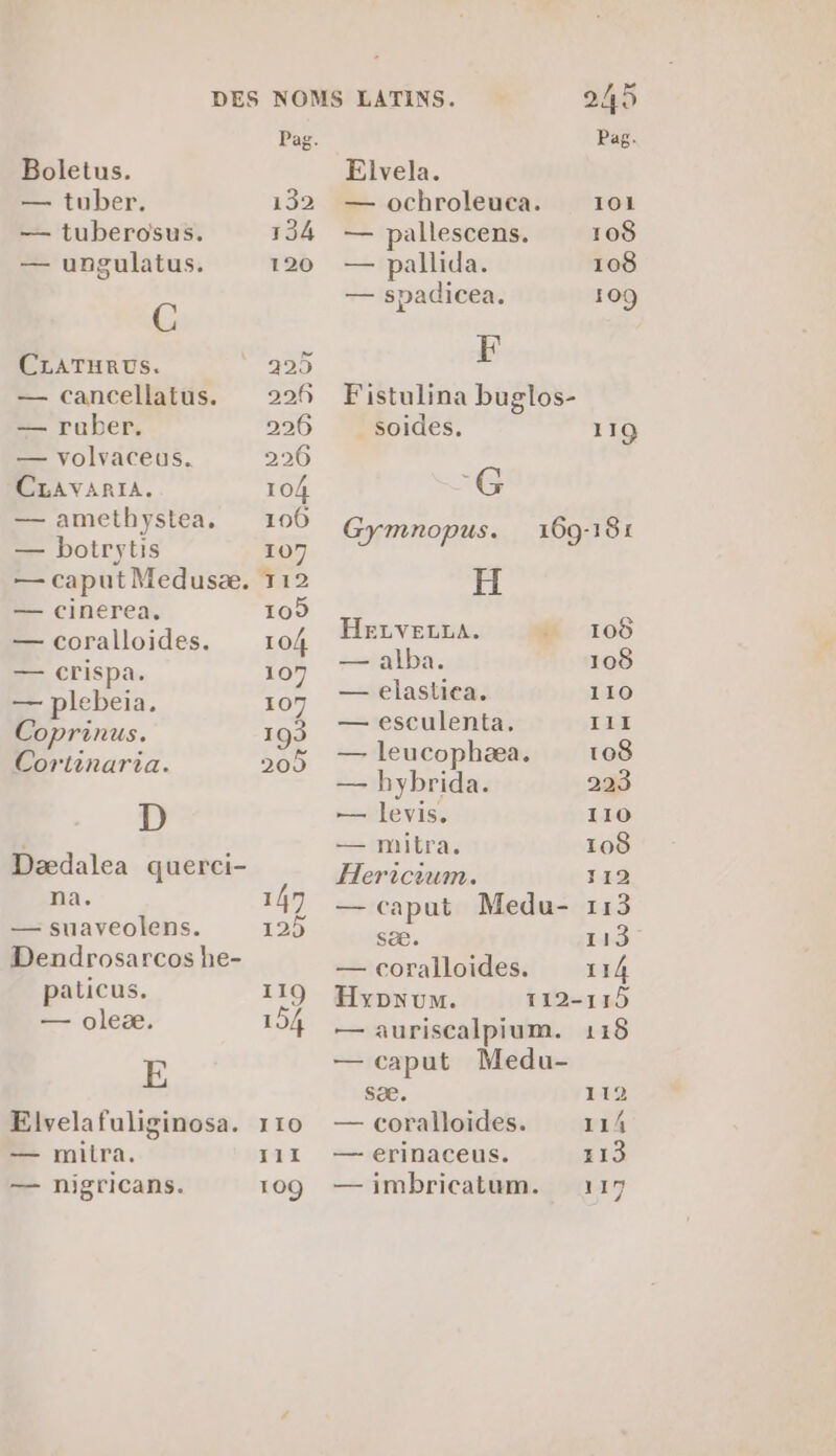 Boletus. — tuber, 132 — tuberosus. 134 — ungulatus. 120 [8 CLATHRUS. 225 — cancellatus. 296 — ruber. 226 — volvaceus. 226 CLAVARIA. 104 — amethystea, 106 — botrytis 107 — caputMedusæ. T12 — cinerea, 109 — coralloides. 104 — crispa. 107 — plebeia, 107 Coprinus. 193 Coriinaria. 205 D Dædalea querci- na. 147 — suaveolens. 129 Dendrosarcos he- paticus. 119 — oleæ. 154 E — miira. — nigricans. 110 11 109 Elvela. — ochroleuca. — pallescens. — pallida. — spadicea. F Fistulina buglos- soides. *G 101 108 108 109 119 Ti HELvELLA. ’ =talba. — elastica. — esculenta, — leucophæa. — hybrida. — levis. — mitra. Hericium. — caput Medu- sæ. — coralloides. — auriscalpium. — caput Medu- sæ. — coralloides. — erinaceus. — imbricatum. 108 108 110 I11 108 223 110 108 112 183 149 114 115 118 112 114 113 117