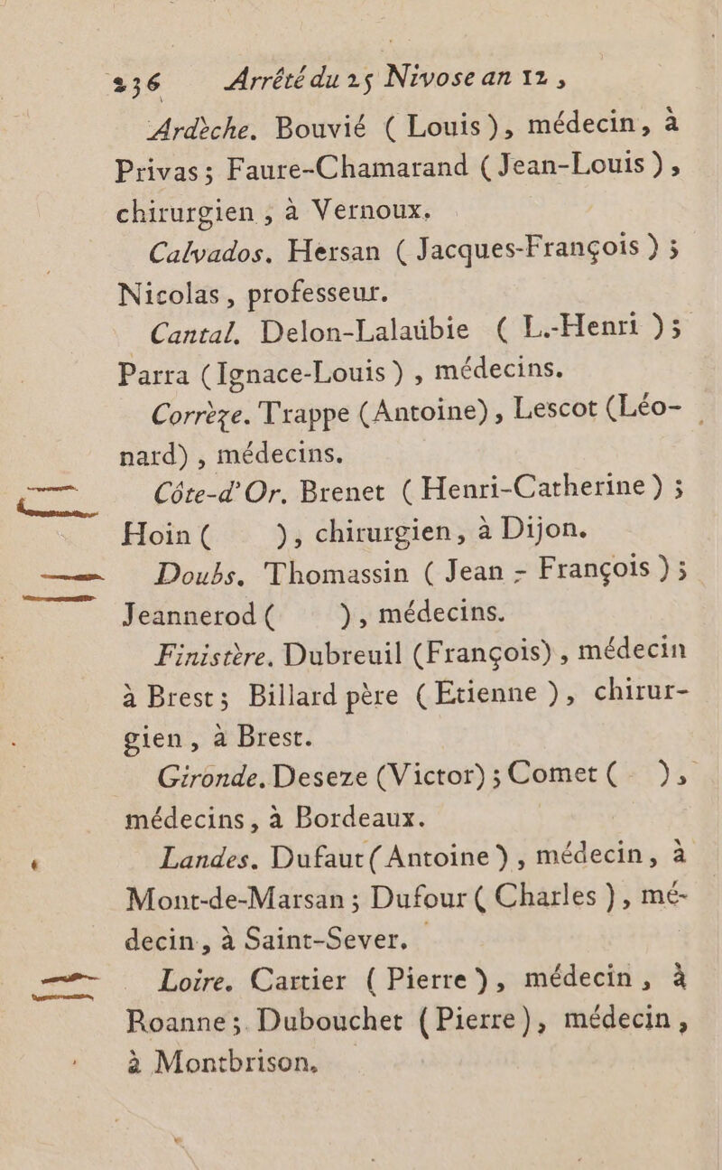 Ardèche. Bouvié ( Louis), médecin, à Privas; Faure-Chamarand (Jean-Louis), chirurgien , à Vernoux. Calvados. Hersan ( Jacques-François ) ; Nicolas, professeur. Cantal, Delon-Lalaübie ( L.-Henri )5 Parra (Ignace-Louis) , médecins. Corrèze. Trappe (Antoine) , Lescot (Léo- nard) , médecins. Côte-d Or. Brenet (Henri-Catherine) ; Hoin ( ), chirurgien, à Dijon. Doubs. Thomassin ( Jean - François ); Jeannerod ( ), médecins. Finistère. Dubreuil (François) , médecin à Brest; Billard père (Etienne ), chirur- gien, à Brest. _ Gironde. Deseze (Victor); Comet(- ), médecins, à Bordeaux. Landes. Dufaut( Antoine), médecin, à Mont-de-Marsan ; Dufour ( Charles ), mé- decin, à Saint-Sever. Loire. Cartier (Pierre), médecin, à Roanne; Dubouchet (Pierre), médecin, à Montbrison,