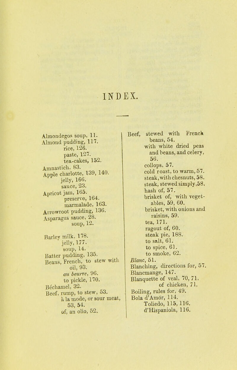 INDEX. Almondegos soup, 11. Almond pudding, 117. rice, 126. paste, 127. tea-cakes, 152. Amnastich, 83. Apple charlotte, 139, 140. jelly, 166. sauce, 23. Apricot jam, 165. preserve, 164. marmalade, 163. Arrowroot pudding, 136. Asparagus sauce, 28. soup, 12. Bariev milk, 178. ' jelly, 177. soup, 14. Batter pudding, 135. Beans, French, to stew with oil, 93. au beurre, 96. to pickle, 170. Bechamel, 32. Beef, rump, to stew, 53. a la mode, or sour meat, 53, 54. of, an olio, 52. Beef, stewed with French beans, 54. with white dried peas and beans, and celery, 56. collops, 57. cold roast, to warm, 57. steak, with chesnuts, 58. steak, stewed simply,58. hash of, 57. brisket of, with veget- ables, 59, 60. brisket, with onions and raisins, 59. tea, 171. ragout of, 60. steak pie, 188. to salt, 61. to spice, 61. to smoke, 62. Blanc, 51. Blanching, directions for, 57. Blancmange, 147. Blanquette of veal, 70, 71. of chicken, 71. Boiling, rules for, 49. Bola d’AmOr, 114. Toliedo, 115,116. d’Hispaniola, 116.