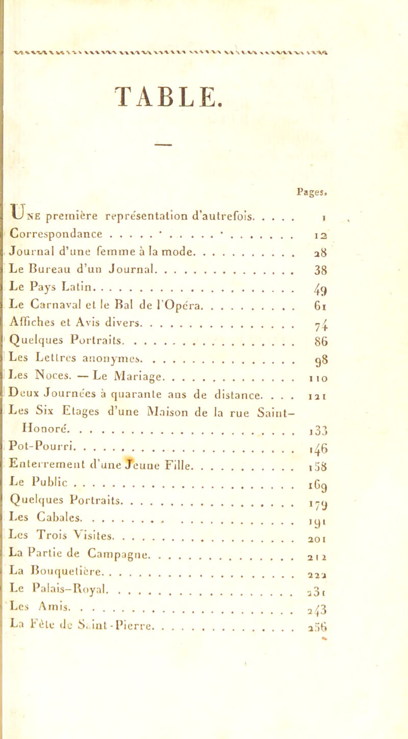VX,%X*VX XXXX VX VXXXXX VX\ X VX vx \ X X/X X XX-X.XXXX vxx<X TABLE. Pages. Une première repre'sentalion d'autrefois i Correspondance • • la Journal d’une femme à la mode a8 Le Bureau d’un Journal 38 Le Pays Latin Le Carnaval et le Bal de l’Opera 6i Affiches et Avis divers y Quelques Portraits 86 Les Lettres anonymes gS Les Noces. —Le Alariage iio Deux Journées à quarante ans de distance. . . . 121 Les Six Etages d’une Maison de la rue Saint- Honoré' i33 Pot-Pourri ,^g Enlerremeut d’une Jeune Fille i5S Le Public iGg Quelques Portraits Les Cabales ,y, Les Trois Visites 201 La Partie de Campagne 212 La Bouquetière 222 Le Palais-Royal .j3, Les /\mis 2;{3 4-^