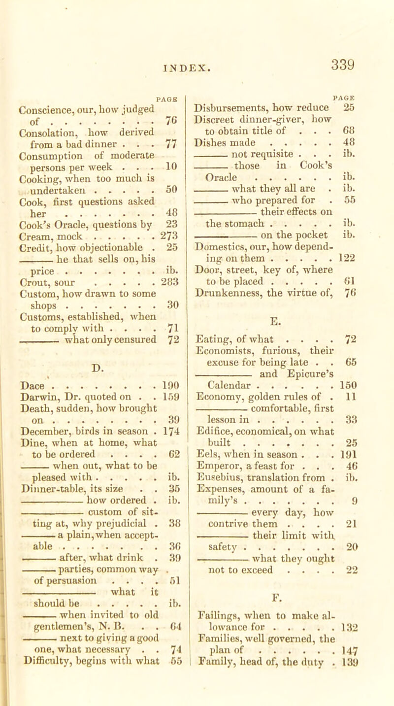 PAGE Conscience, our, how judged of ........ 76 Consolation, how derived from a bad dinner ... 77 Consumption of moderate persons per week ... 10 Cooking, when too much is undertaken 50 Cook, first questions asked her 48 Cook’s Oracle, questions by 23 Cream, mock 273 Credit, how objectionable . 25 he that sells on, his price ib. Crout, sour 283 Custom, how drawn to some shops 30 Customs, established, when to comply with .... 71 what only censured 72 D. Dace 190 Darwin, Dr. quoted on . .109 Death, sudden, how brought on 39 December, birds in season . 174 Dine, when at home, what to be ordered .... 62 when out, what to be pleased with ib. Dinner-table, its size . . 35 how ordered . ib. custom of sit- ting at, why prejudicial . 38 a plain, when accept- able 36 after, what drink . 39 parties, common way . of persuasion .... 51 what it should be ib. when invited to old gentlemen’s, N. B. . . 64 next to giving a good one, what necessary . . 74 Difficulty, begins with what 65 PAGE Disbursements, how reduce 25 Discreet dinner-giver, how to obtain title of ... 68 Dishes made 48 not requisite . . . ib. those in Cook’s Oracle ib. what they all are . ib. who prepared for . 55 their effects on the stomach ib. on the pocket ib. Domestics, our, how depend- ing on them 122 Door, street, key of, where to be placed 61 Drunkenness, the virtue of, 76 E. Eating, of what .... 72 Economists, furious, their excuse for being late . . 65 and Epicure’s Calendar ... ... 150 Economy, golden rules of . 11 comfortable, first lesson in 33 Edifice, economical, on what built 25 Eels, when in season . . . 191 Emperor, a feast for ... 46 Eusebius, translation from . ib. Expenses, amount of a fa- mily’s 9 every day, how contrive them . . . . 21 • their limit with safety 20 what they ought not to exceed .... 22 F. Failings, when to make al- lowance for 132 Families, well governed, the plan of 147 1 Family, head of, the duty . 139