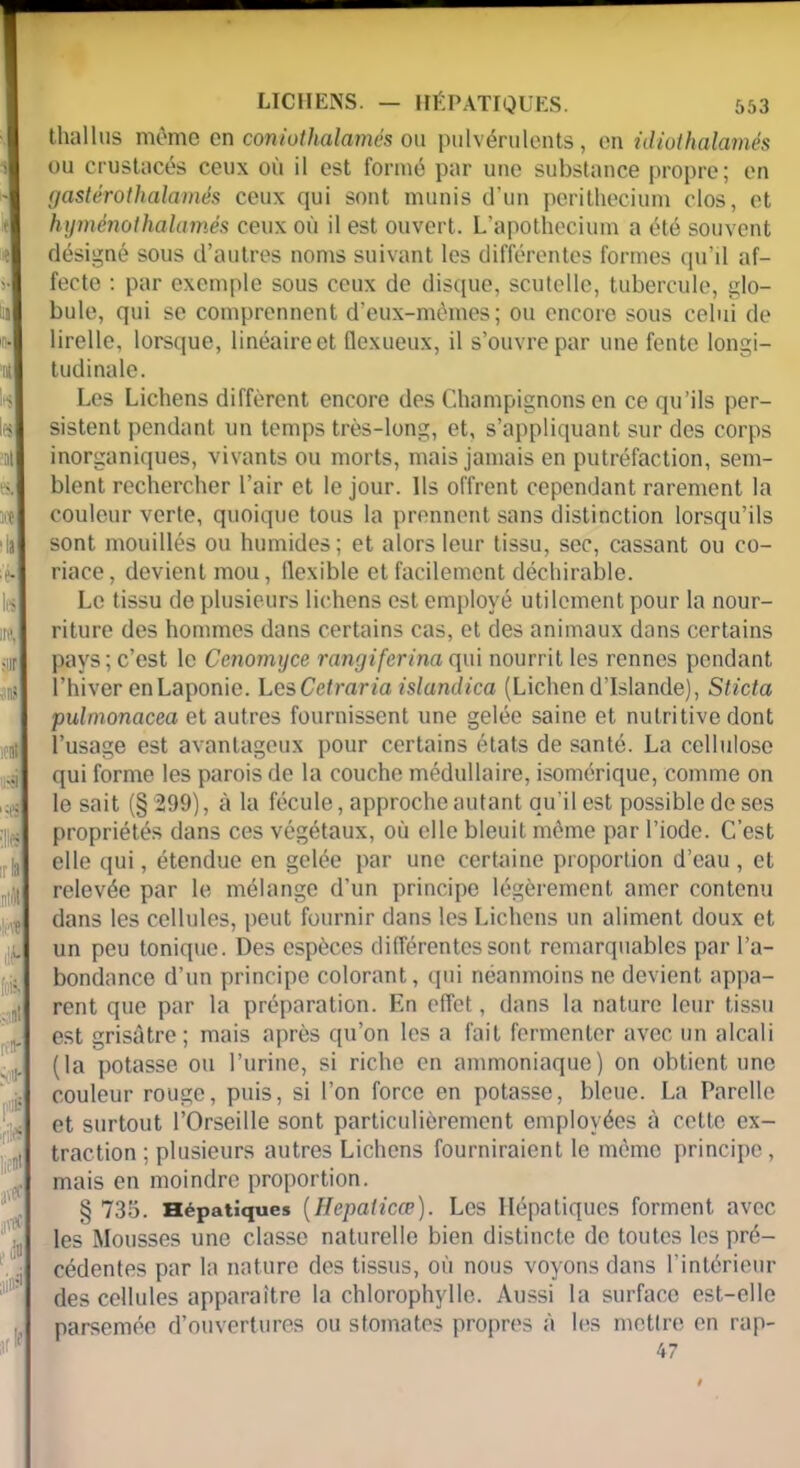 thallus même en coniothalamés ou pulvérulents, en idiothalamés ou crustacés ceux où il est formé par une substance propre; en gastérothalamés ceux qui sont munis d’un perithecium clos, et hyménothalamés ceux où il est ouvert. L’apothecium a été souvent désigné sous d’autres noms suivant les différentes formes qu’il af- fecte : par exemple sous ceux de disque, scutellc, tubercule, glo- bule, qui se comprennent d’eux-mèmes; ou encore sous celui de lirelle, lorsque, linéaire et üexueux, il s’ouvre par une fente longi- tudinale. Les Lichens diffèrent encore des Champignons en ce qu’ils per- sistent pendant un temps très-long, et, s’appliquant sur des corps inorganiques, vivants ou morts, mais jamais en putréfaction, sem- blent rechercher l’air et le jour. Ils offrent cependant rarement la couleur verte, quoique tous la prennent sans distinction lorsqu’ils sont mouillés ou humides; et alors leur tissu, sec, cassant ou co- riace, devient mou, flexible et facilement déchirable. Le tissu de plusieurs lichens est employé utilement pour la nour- riture des hommes dans certains cas, et des animaux dans certains pays ; c’est le Cenomyce rangiferina qui nourrit les rennes pendant l’hiver en Laponie. Les Cetraria islundicci (Lichen d’Islande), Sticta pulnionacea et autres fournissent une gelée saine et nutritive dont l’usage est avantageux pour certains états de santé. La cellulose qui forme les parois de la couche médullaire, isomérique, comme on le sait (§ 299), à la fécule, approche autant qu’il est possible de ses propriétés dans ces végétaux, où elle bleuit même par l’iode. C’est elle qui, étendue en gelée par une certaine proportion d’eau , et relevée par le mélange d’un principe légèrement amer contenu dans les cellules, peut fournir dans les Lichens un aliment doux et un peu tonique. Des espèces différentes sont remarquables par l’a- bondance d’un principe colorant, qui néanmoins ne devient appa- rent que par la préparation. En effet, dans la nature leur tissu est grisâtre; mais après qu’on les a fait fermenter avec un alcali (la potasse ou l’urine, si riche en ammoniaque) on obtient une couleur rouge, puis, si l’on force en potasse, bleue. La Parelle et surtout l’Orseille sont particulièrement employées à celte ex- traction ; plusieurs autres Lichens fourniraient le même principe, mais en moindre proportion. § 735. Hépatiques (Hepaiicœ). Les Hépatiques forment avec les Mousses une classe naturelle bien distincte de toutes les pré- cédentes par la nature des tissus, où nous voyons dans l’intérieur des cellules apparaître la chlorophylle. Aussi la surface est-elle parsemée d’ouvertures ou stomates propres à les mettre en rap- 47