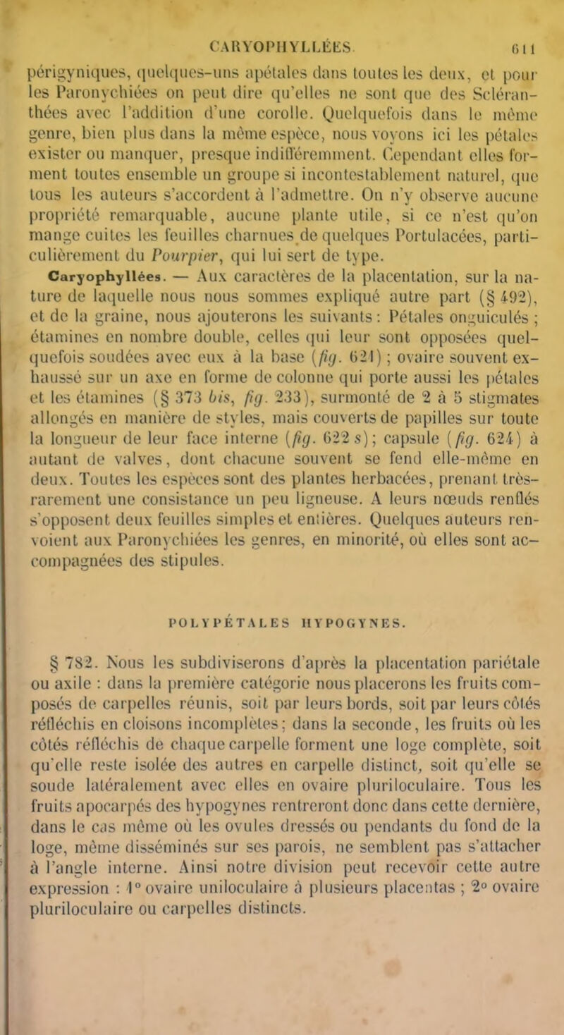 CA R YO PH YLLÉES. 011 périgyniques, iiuelques-uns «pétales dans tontes les deux, et poul- ies Paronychiées on peut dire qu’elles ne sont que des Scléran- thées avec l’addition d’une corolle. Quelquefois dans le même genre, bien plus dans la même espèce, nous voyons ici les pétales exister ou manquer, presque indifféremment. Cependant elles for- ment toutes ensemble un groupe si incontestablement naturel, que tous les auteurs s’accordent à l’admettre. On n’y observe aucune propriété remarquable, aucune plante utile, si ce n’est qu’on mange cuites les feuilles charnues de quelques Portulacées, parti- culièrement du Pourpier, qui lui sert de type. Caryophyllées. — Aux caractères de la placentation, sur la na- ture de laquelle nous nous sommes expliqué autre part (§ 492), et de la graine, nous ajouterons les suivants: Pétales onguiculés ; étamines en nombre double, celles qui leur sont opposées quel- quefois soudées avec eux à la base ((ig. 621 ) ; ovaire souvent ex- haussé sur un axe en forme de colonne qui porte aussi les pétales et les étamines (§ 373 bis, fig. 233), surmonté de 2 à 5 stigmates allongés en manière de styles, mais couverts de papilles sur toute la longueur de leur face interne [fig. 622 s); capsule [fig. 624) à autant de valves, dont chacune souvent se fend elle-même en deux. Toutes les espèces sont des plantes herbacées, prenant très- rarement une consistance un peu ligneuse. A leurs nœuds renflés s’opposent deux feuilles simples et entières. Quelques auteurs ren- voient aux Paronychiées les genres, en minorité, où elles sont ac- compagnées des stipules. POLVPÉTALES HYPOGYNES. § 782. Nous les subdiviserons d'après la placentation pariétale ou axile : dans la première catégorie nous placerons les fruits com- posés de carpelles réunis, soit par leurs bords, soit par leurs côtés réfléchis en cloisons incomplètes; dans la seconde, les fruits où les côtés réfléchis de chaque carpelle forment une loge complète, soit qu’elle reste isolée des autres en carpelle distinct, soit qu’elle se soude latéralement avec elles en ovaire pluriloculaire. Tons les fruits apocarpés des hypogynes rentreront donc dans cette dernière, dans le cas même où les ovules dressés ou pendants du fond de la loge, même disséminés sur ses parois, ne semblent pas s’attacher à l’angle interne. Ainsi notre division peut recevoir cette autre expression : 1° ovaire uniloculaire à plusieurs placentas ; 2° ovaire pluriloculaire ou carpelles distincts.