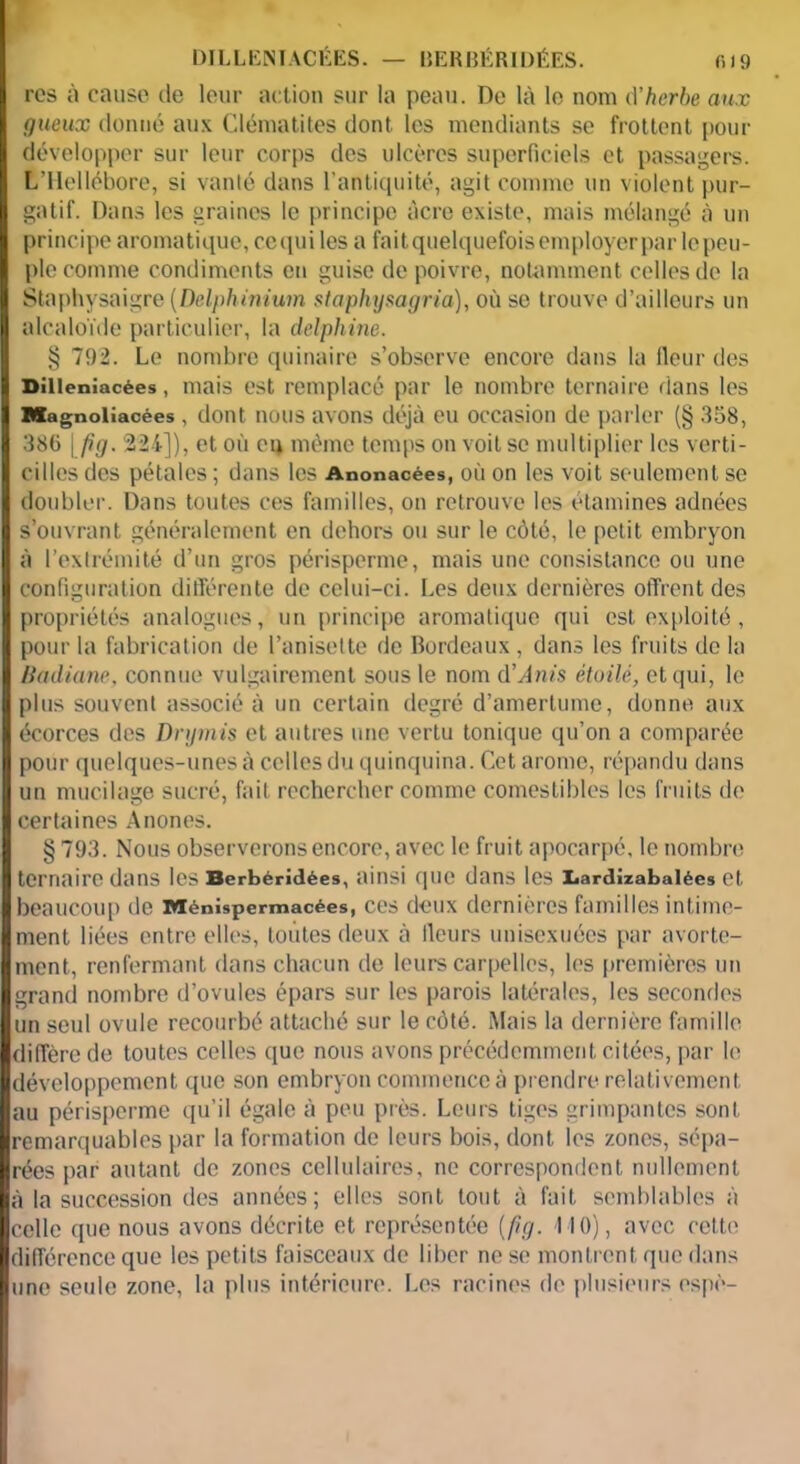 rcs à cause de leur action sur la peau. De là le nom d'herbe aux gueux donné aux Clématites dont les mendiants se frottent pour développer sur leur corps des ulcères superficiels et passagers. L’Hellébore, si vanté dans l’antiquité, agit comme un violent pur- gatif. Dans les graines le principe âcre existe, mais mélangé à un principe aromatique, ce qui les a fait, quelquefois employerpar lepeu- ple comme condiments en guise de poivre, notamment celles de la Staphysaigre (Delphinium staphysagria), où se trouve d’ailleurs un alcaloïde particulier, la delphine. § 792. Le nombre quinaire s’observe encore dans la fleur des Dilleniacées, mais est remplacé par le nombre ternaire dans les Magnolîacées , dont nous avons déjà eu occasion de parler (§ 358, 386 | pg. 224]), et où eq même temps on voit se multiplier les verti- cilies des pétales ; dans les Anonacées, où on les voit seulement se doubler. Dans toutes ces familles, on retrouve les étamines adnées s’ouvrant généralement en dehors ou sur le côté, le petit embryon à l’extrémité d’un gros périsperme, mais une consistance ou une configuration différente de celui-ci. Les deux dernières offrent des propriétés analogues, un principe aromatique qui est exploité, pour la fabrication de I’anisette de Bordeaux , dans les fruits de la Badiane, connue vulgairement sous le nom d’Anis étoilé, et qui, le plus souvent associé à un certain degré d’amertume, donne aux écorces des Dnjmis et autres une vertu tonique qu’on a comparée pour quelques-unes à celles du quinquina. Cet arôme, répandu dans un mucilage sucré, fait rechercher comme comestibles les fruits de certaines Anones. § 793. Nous observerons encore, avec le fruit apocarpé, le nombre ternaire dans les Berbéridées, ainsi que dans les liardîzabalées et beaucoup de Ménîspermacées, ces deux dernières familles intime- ment liées entre elles, toutes deux à Heurs unisexuées par avorte- ment, renfermant dans chacun de leurs carpelles, les premières un grand nombre d’ovules épars sur les parois latérales, les secondes un seul ovule recourbé attaché sur le côté. Mais la dernière famille diffère de toutes celles que nous avons précédemment citées, par le développement que son embryon commence à prendre relativement au périsperme qu’il égale à peu près. Leurs tiges grimpantes sont remarquables par la formation de leurs bois, dont les zones, sépa- rées par autant de zones cellulaires, ne correspondent nullement à la succession des années; elles sont tout à fait semblables à celle que nous avons décrite et représentée (pg. 110), avec cette différence que les petits faisceaux de liber ne se montrent, que dans une seule zone, la plus intérieure. Les racines de plusieurs ospè-