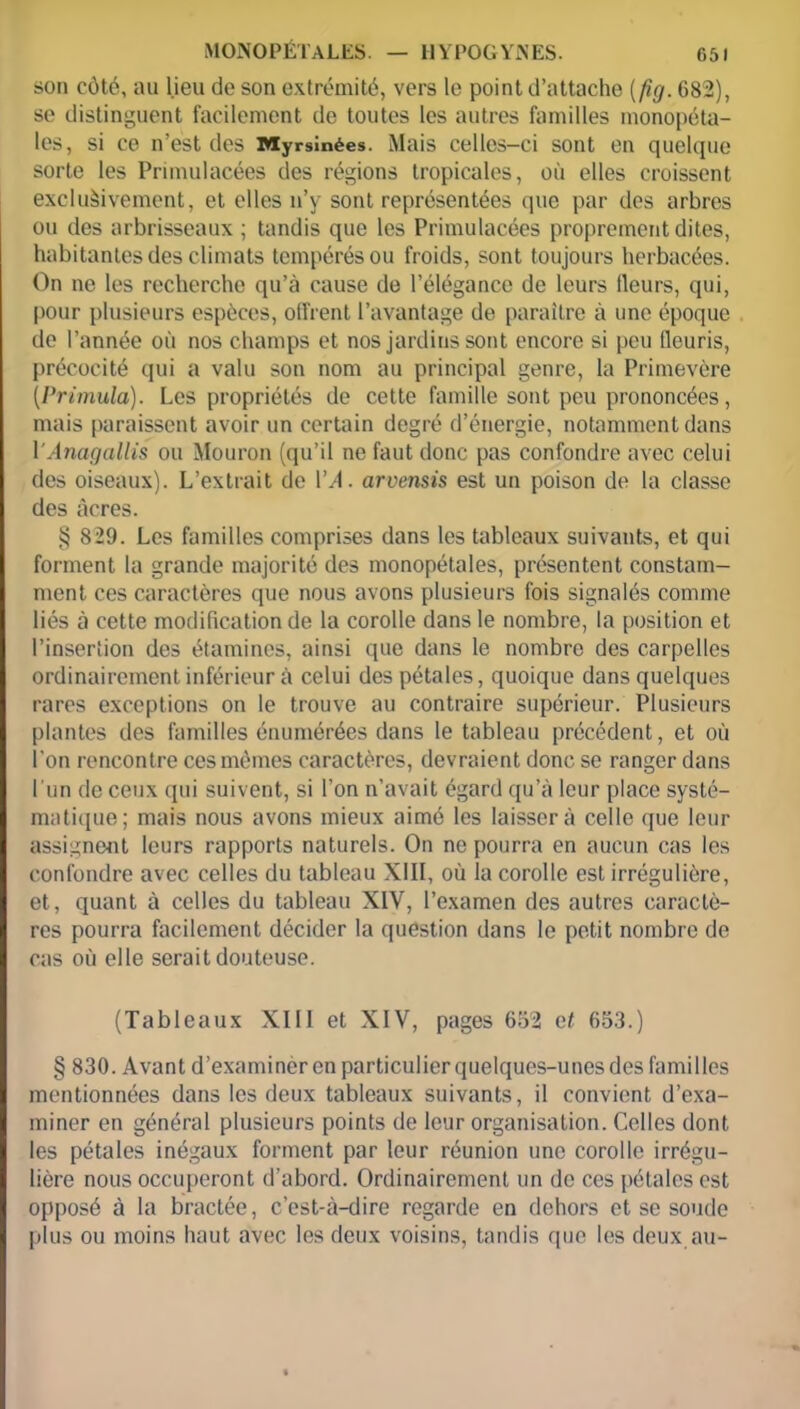 son côté, au lieu de son extrémité, vers le point d’attache ( fig. 682), se distinguent facilement de toutes les autres familles monopéta- les, si ce n’est des Myrsinées. Mais celles-ci sont en quelque sorte les Primulacées des régions tropicales, où elles croissent exclusivement, et elles n’y sont représentées que par des arbres ou des arbrisseaux ; tandis que les Primulacées proprement dites, habitantes des climats tempérés ou froids, sont toujours herbacées. On ne les recherche qu’à cause de l’élégance de leurs Heurs, qui, pour plusieurs espèces, oirrent l’avantage de paraître à une époque de l’année où nos champs et nos jardins sont encore si peu fleuris, précocité qui a valu son nom au principal genre, la Primevère (Primula). Les propriétés de cette famille sont peu prononcées, mais paraissent avoir un certain degré d’énergie, notamment dans l'Anagallis ou Mouron (qu’il ne faut donc pas confondre avec celui des oiseaux). L’extrait de VA. arvensis est un poison de la classe des âcres. § 829. Les familles comprises dans les tableaux suivants, et qui forment la grande majorité des monopétales, présentent constam- ment ces caractères que nous avons plusieurs fois signalés comme liés à cette modification de la corolle dans le nombre, la position et l’insertion des étamines, ainsi que dans le nombre des carpelles ordinairement inférieur à celui des pétales, quoique dans quelques rares exceptions on le trouve au contraire supérieur. Plusieurs plantes des familles énumérées dans le tableau précédent, et où l'on rencontre ces mômes caractères, devraient donc se ranger dans 1 un de ceux qui suivent, si l’on n’avait égard qu’à leur place systé- matique; mais nous avons mieux aimé les laisser à celle que leur assignent leurs rapports naturels. On ne pourra en aucun cas les confondre avec celles du tableau XIII, où la corolle est irrégulière, et, quant à celles du tableau XIV, l’examen des autres caractè- res pourra facilement décider la question dans le petit nombre de cas où elle serait douteuse. (Tableaux XIII et XIV, pages 652 et 653.) § 830. Avant d’examiner en particulier quelques-unes des familles mentionnées dans les deux tableaux suivants, il convient d’exa- miner en général plusieurs points de leur organisation. Celles dont les pétales inégaux forment par leur réunion une corolle irrégu- lière nous occuperont d’abord. Ordinairement un de ces pétales est opposé à la bractée, c’est-à-dire regarde en dehors et se soude plus ou moins haut avec les deux voisins, tandis que les deux au-