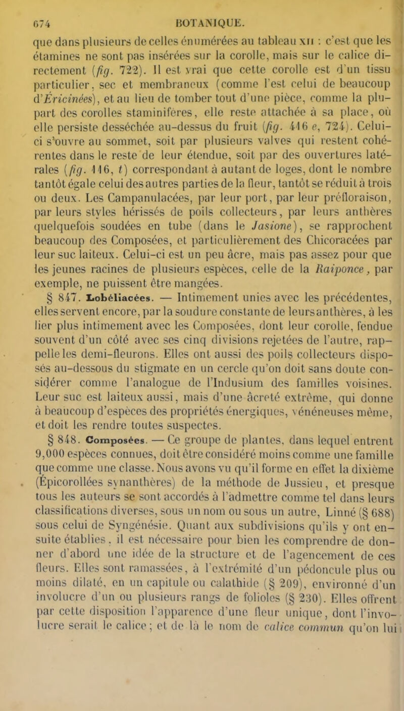 que dans plusieurs de celles énumérées au tableau xn : c’est que les étamines ne sont pas insérées sur la corolle, mais sur le calice di- rectement (fig. 722). 11 est yrai que cette corolle est d’un tissu particulier, sec et membraneux (comme l’est celui de beaucoup d’Éricinées), et au lieu de tomber tout d’une pièce, comme la plu- part des corolles staminiferes, elle reste attachée à sa place, où elle persiste desséchée au-dessus du fruit (fig. 416 e, 724). Celui- ci s’ouvre au sommet, soit par plusieurs valves qui restent cohé- rentes dans le reste de leur étendue, soit par des ouvertures laté- rales (fig. 116, t) correspondant à autantde loges, dont le nombre tantôt égale celui des au très parties de la (leur, tantôt se réduit à trois ou deux. Les Campanulacées, par leur port, par leur préfloraison, parleurs styles hérissés de poils collecteurs, par leurs anthères quelquefois soudées en tube (dans le Jasione), se rapprochent beaucoup des Composées, et particulièrement des Chicoracées par leur suc laiteux. Celui-ci est un peu âcre, mais pas assez pour que les jeunes racines de plusieurs espèces, celle de la Raiponce, par exemple, ne puissent être mangées. § 847. Lobélîacées. — Intimement unies avec les précédentes, elles servent encore, par la soudure constante de leurs anthères, à les lier plus intimement avec les Composées, dont leur corolle, fendue souvent d’un côté avec ses cinq divisions rejetées de l’autre, rap- pelle les demi-fleurons. Elles ont aussi des poils collecteurs dispo- sés au-dessous du stigmate en un cercle qu’on doit sans doute con- sidérer comme l’analogue de l’Indusium des familles voisines. Leur suc est laiteux aussi, mais d’une âcreté extrême, qui donne à beaucoup d’espèces des propriétés énergiques, \ énéneuses même, et doit les rendre toutes suspectes. § 848. Composées. —Ce groupe de plantes, dans lequel entrent 9,000 espèces connues, doit être considéré moins comme une famille que comme une classe. Nous avons vu qu’il forme en effet la dixième (Épicorollées synanthères) de la méthode de Jussieu, cl presque tous les auteurs se sont accordés à l’admettre comme tel dans leurs classifications diverses, sous un nom ou sous un autre, Linné (§ 688) sous celui de Syngénésie. Quant aux subdivisions qu’ils y ont en- suite établies. il est nécessaire pour bien les comprendre de don- ner d’abord une idée de la structure et de l’agencement de ces fleurs. Elles sont ramassées, à l’extrémité d’un pédoncule plus ou moins dilaté, en un capitule ou calathide (§ 209), environné d’un involucre d’un ou plusieurs rangs de folioles (§ 230). Elles offrent par cette disposition l’apparence d’une fleur unique, dont l’invo- lucre sérail le calice; et de là le nom de calice commun qu’on lui