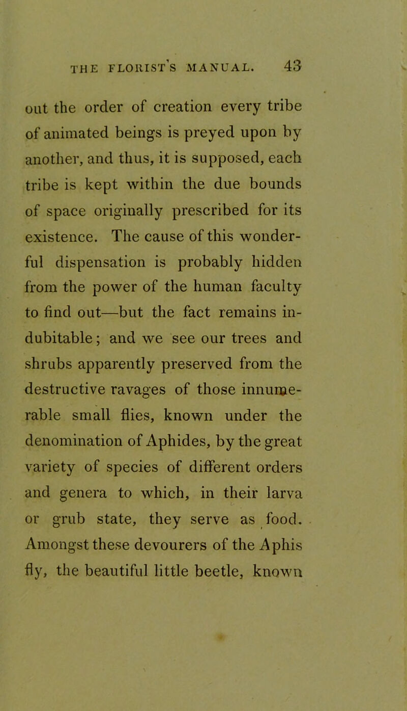 out the order of creation every tribe of animated beings is preyed upon by another, and thus, it is supposed, each tribe is kept within the due bounds of space originally prescribed for its existence. The cause of this wonder- ful dispensation is probably hidden from the power of the human faculty to find out—but the fact remains in- dubitable ; and we see our trees and shrubs apparently preserved from the destructive ravages of those innume- rable small flies, known under the denomination of Aphides, by the great variety of species of different orders and genera to which, in their larva or grub state, they serve as food. Amongst these devourers of the Aphis fly, the beautiful little beetle, known