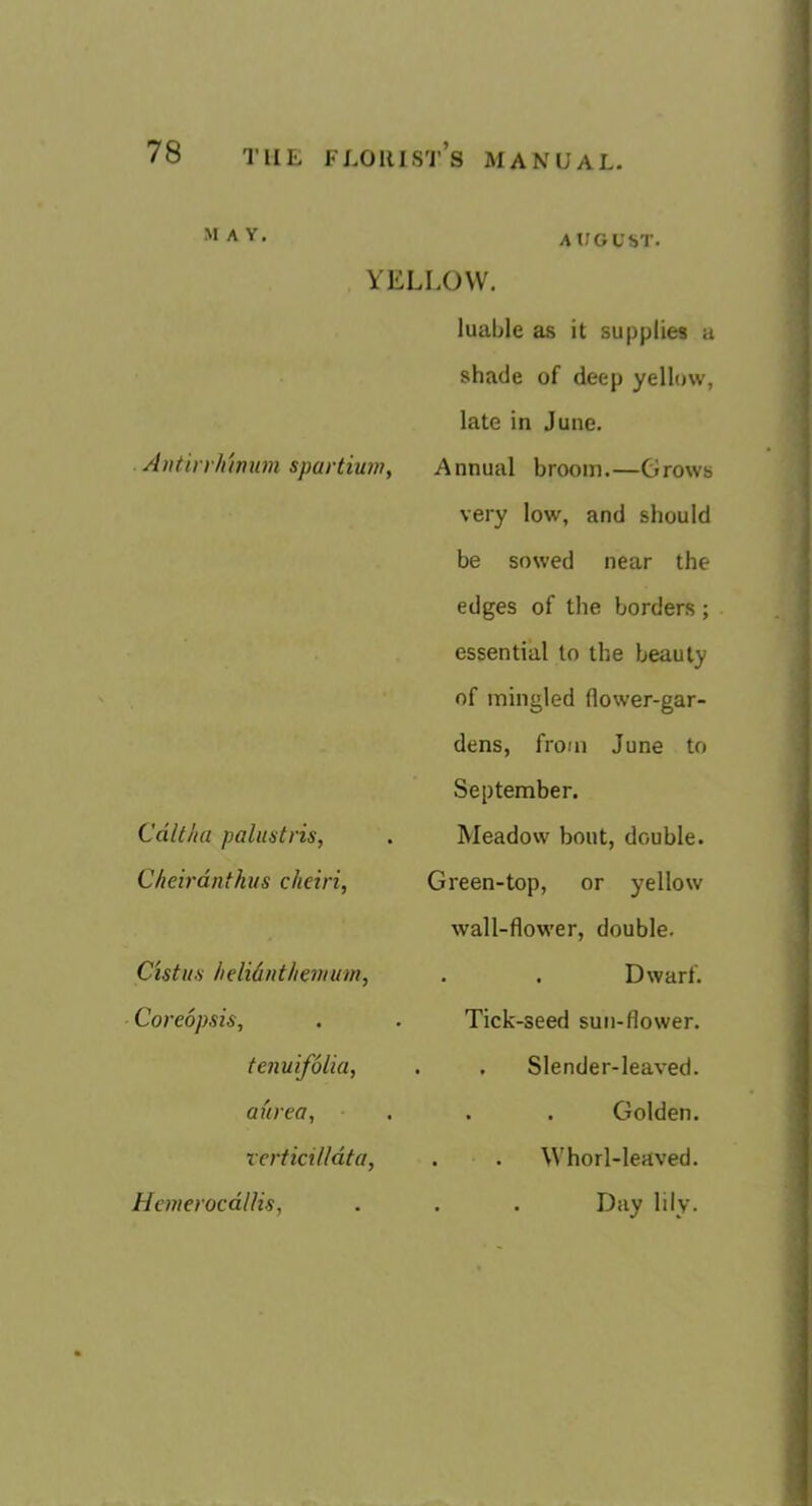 A If GUST. YELLOW. Antirvh'inum spartiuw, Cdlt/ia palustris, Cheirdnthus cheiri, Cistun heMnthemum, Coreopsis, tenuifolia, aurea, verticil/dta, luable a.s it supplies a shade of deep yellow, late in June. Annual broom.—Grows very low, and should be sowed near the edges of the borders; essential to the beauty of mingled flower-gar- dens, from June to September. Meadow bout, double. Green-top, or yellow wall-flower, double. Dwarf. Tick-seed sun-flower. . Slender-leaved. . . Golden. . . Whorl-leaved. . . Day lily. HemerocdlHs,