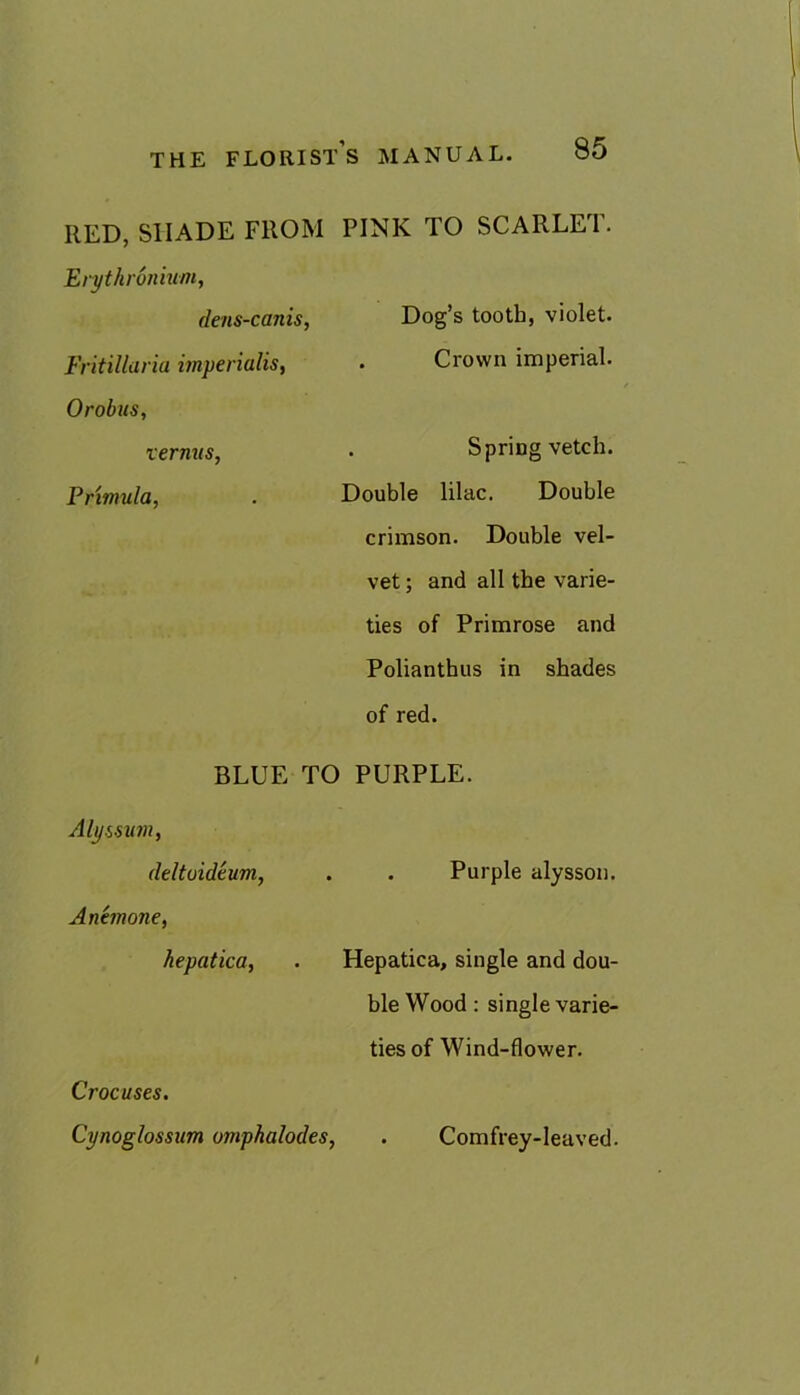 RED, SHADE FROM Erythronium, dens-canis, Fritillaria imperialism Orobus, vermis, Primula, BLUE Alyssum, deltoideum, Anemone, hepatica. Crocuses. Cynoglossum omphalodes, PINK TO SCARLET. Dog’s tooth, violet. . Crown imperial. . Spring vetch. Double lilac. Double crimson. Double vel- vet ; and all the varie- ties of Primrose and Polianthus in shades Purple alysson. Hepatica, single and dou- ble Wood: single varie- ties of Wind-flower. . Comfrey-leaved. of red. TO PURPLE.