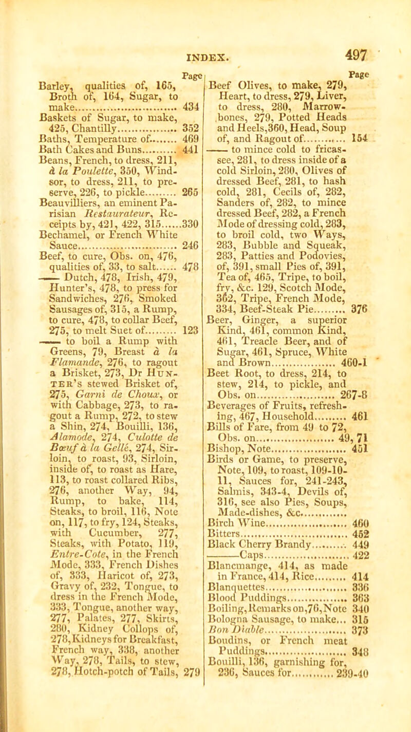 265 Page Barley, qualities of, 165, Broth of, 164, Sugar, to make 434 Baskets of Sugar, to make, 425, Chantilly 352 Baths, Temperature of. 469 Bath Cakes and Buns 441 Beans, French, to dress, 211, d la Paulette, 350, Wind- sor, to dress, 211, to pre- serve, 226, to pickle Beauvilliers, an eminent Pa risian Restaurateur, Re- ceipts by, 421, 422, 315 330 Bechamel, or French White Sauce 246 Beef, to cure, Obs. on, 476, qualities of, 33, to salt 478 — Dutch, 478, Irish, 479, Hunter’s, 478, to press for Sandwiches, 276, Smoked Sausages of, 315, a Rump, to cure, 478, to collar Beef, 275, to melt Suet of 123 —— to boil a Rump with Greens, 79, Breast d la Flamande, 276, to ragout a Brisket, 273, Dr Hun- ter’s stewed Brisket of, 275, Garni de Choux, or with Cabbage, 273, to ra. gout a Rump, 272, to stew a Shin, 274, Bouilli, 136, Alamode, 274, Culotte de Rteuf d la Gelle, 274, Sir- loin, to roast, 93, Sirloin, inside of, to roast as Hare, 113, to roast collared Ribs, 276, another Way, 94, Rump, to bake, 114, Steaks, to broil, 116, Note on, 117, to fry, 124, Steaks, with Cucumber, 277, Steaks, with Potato, 119, Entre-Cote, in the French Mode, 333, French Dishes of, 333, Haricot of, 273, Gravy of, 232, Tongue, to dress in the French Mode, 333, Tongue, another way, 277, Palates, 277, Skirts, 280, Kidney Collops of, 278, Kidneys for Breakfast, French way, 338, another Way, 278, Tails, to stew, 278, Hotch-potch of Tails, 279 497 Page Beef Olives, to make, 279, Heart, to dress, 279, Liver, to dress, 280, Marrow- bones, 279, Potted Heads and Heels,360, Head, Soup of, and Ragout of. 154 to mince cold to fricas- see, 281, to dress inside of a cold Sirloin, 280, Olives of dressed Beef, 281, to hash cold, 281, Cecils of, 282, Sanders of, 282, to mince dressed Beef, 282, a French Mode of dressing cold, 283, to broil cold, two Ways, 283, Bubble and Squeak, 283, Patties and Podovies, of, 391, small Pies of, 391, Tea of, 465, Tripe, to boil, frv, &c. 129, Scotch Mode, 362, Tripe, French Mode, 334, Beef-Steak Pie 376 Beer, Ginger, a superior Kind, 461, common Kind, 461, Treacle Beer, and of Sugar, 461, Spruce, White and Brown 460-1 Beet Root, to dress, 214, to stew, 214, to pickle, and Obs. on 267-8 Beverages of Fruits, refresh- ing, 467, Household 461 Bills of Fare, from 49 to 72, Obs. on 49, 71 Bishop, Note 451 Birds or Game, to preserve, Note, 109, to roast, 109-10- 11, Sauces for, 241-243, Sabnis, 343-4, Devils of, 316, see also Pies, Soups, Made-dishes, &c Birch Wine 460 Bitters 452 Black Cherry Brandy 449 Caps 422 Blancmange, 414, as made in France, 414, Rice 414 Blanquettes 336 Blood Puddings 363 Boiling, Remarks on,76, Note 340 Bologna Sausage, to make... 315 Ron Diablo 373 Boudins, or French meat Puddings 348 Bouilli, 136, garnishing for, 236, Sauces for 239-40