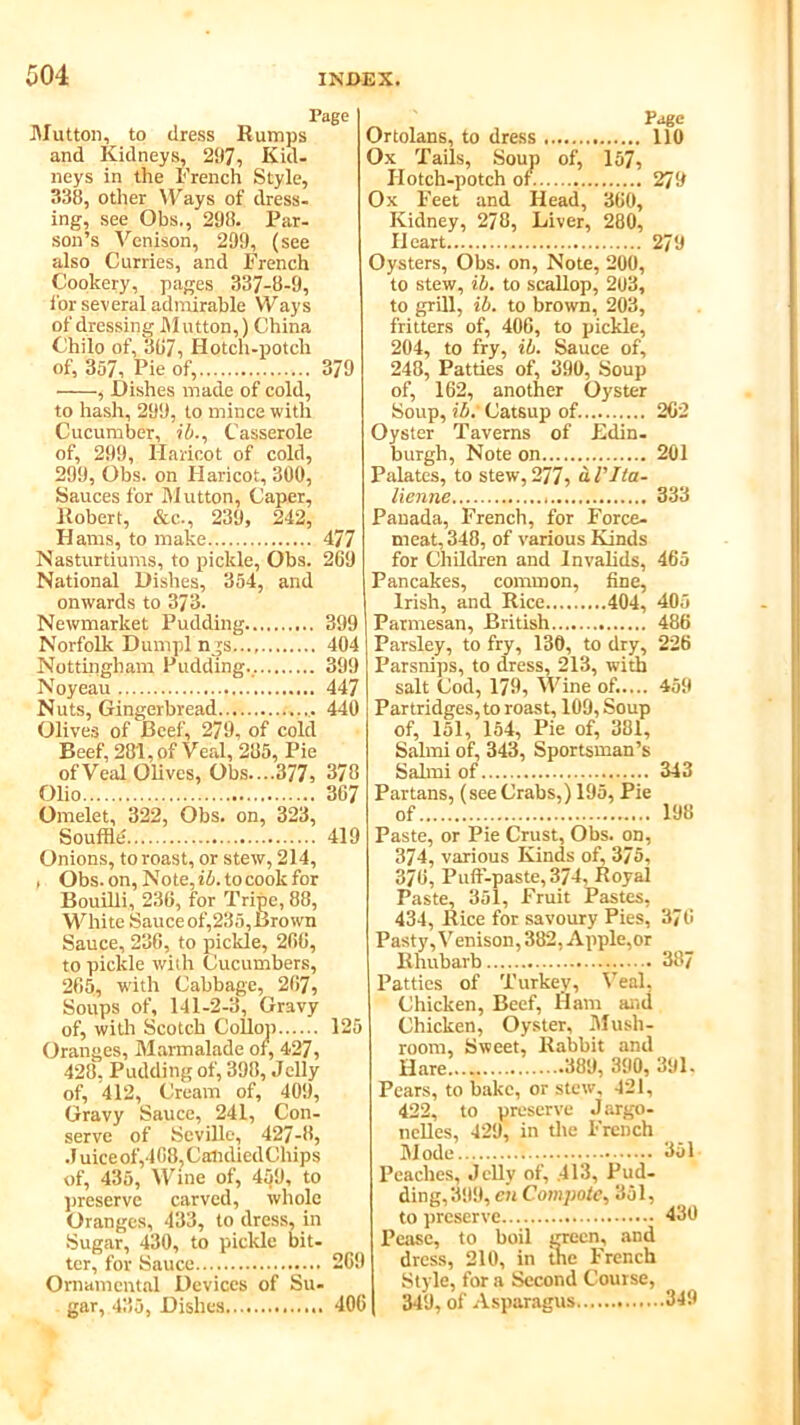 Page Mutton, to dress Rumps < and Kidneys, 297, Kid- ( neys in the French Style, 338, other Ways of dress. 1 ing, see Obs., 298. Par- son’s Venison, 299, (see also Curries, and French Cookery, pages 337-8-9, for several admirable Ways of dressing Mutton,) China Chilo of, 387, Hotch-potch of, 357, Pie of, 379 , Dishes made of cold, to hash, 299, to mince with Cucumber, ib., Casserole of, 299, Haricot of cold, 299, Obs. on Haricot, 300, Sauces for Mutton, Caper, Robert, &c., 239, 242, Hams, to make 477 Nasturtiums, to pickle, Obs. 269 National Dishes, 354, and onwards to 373. Newmarket Pudding 399 Norfolk Dumpl ngs 404 Nottingham Pudding., 399 Noyeau 447 Nuts, Gingerbread 440 Olives of Beef, 279, of cold Beef, 281, of Veal, 285, Pie of Veal Olives, Obs....377, 378 Olio 387 Omelet, 322, Obs. on, 323, Souffle 419 Onions, to roast, or stew, 214, , Obs. on, Note, ib. to cook for BouiUi, 236, for Tripe, 88, White Sauceof,235,Brown Sauce, 236, to pickle, 266, to pickle with Cucumbers, 265, with Cabbage, 267, Soups of, 141-2-3, Gravy of, with Scotch Collop 125 Oranges, Marmalade of, 4*27, 428, Pudding of, 398, Jelly of, 412, Cream of, 409, Gravy Sauce, 241, Con- serve of Seville, 427-8, Juice of,408,Candied Chips of, 435, Wine of, 459, to preserve carved, whole Oranges, 433, to dress, in Sugar, 430, to pickle bit- ter, for Sauce 269 Ornamental Devices of Su- gar, 435, Dishes 406 Page Ortolans, to dress 110 Ox Tails, Soup of, 157, Hotch-potch of. 279 Ox Feet and Head, 360, Kidney, 278, Liver, 280, Heart 279 Oysters, Obs. on, Note, 200, to stew, ib. to scallop, 203, to grill, ib. to brown, 203, fritters of, 406, to pickle, 204, to fry, ib. Sauce of, 248, Patties of, 390, Soup of, 162, another Oyster Soup, ib: Catsup of. 262 Oyster Taverns of Edin- burgh, Note on 201 Palates, to stew, 277, aI'lta- lienne 333 Panada, French, for Force- meat, 348, of various Kinds for Children and Invalids, 465 Pancakes, common, fine, Irish, and Rice 404, 405 Parmesan, British 486 Parsley, to fry, 130, to dry, 226 Parsnips, to dress, 213, with salt Cod, 179, Wine of..... 459 Partridges, to roast, 109, Soup of, 151, 154, Pie of, 381, Salmi of, 343, Sportsman’s Salmi of 343 Partans, (seeCrabs,) 195, Pie of 198 Paste, or Pie Crust, Obs. on, 374, various Kinds of, 375, 376, Puff-paste, 374, Royal Paste, 351, Fruit Pastes, 434, Rice for savoury Pies, 376 Pasty, V enison, 382, Apple,or Rhubarb 387 Patties of Turkey, Veal, Chicken, Beef, Ham ami Chicken, Oyster. Mush- room, Sweet, Rabbit and Hare 389, 390, 391. Pears, to bake, or stew, 421, 422, to preserve Jargo- nelles, 429, in die French Mode 351 Peaches, Jelly of, .413, Pud- ding, 399, cn Compote, 351, to preserve 430 Pease, to boil green, and dress, 210, in the French Style, for a Second Course, 349, of Asparagus 349