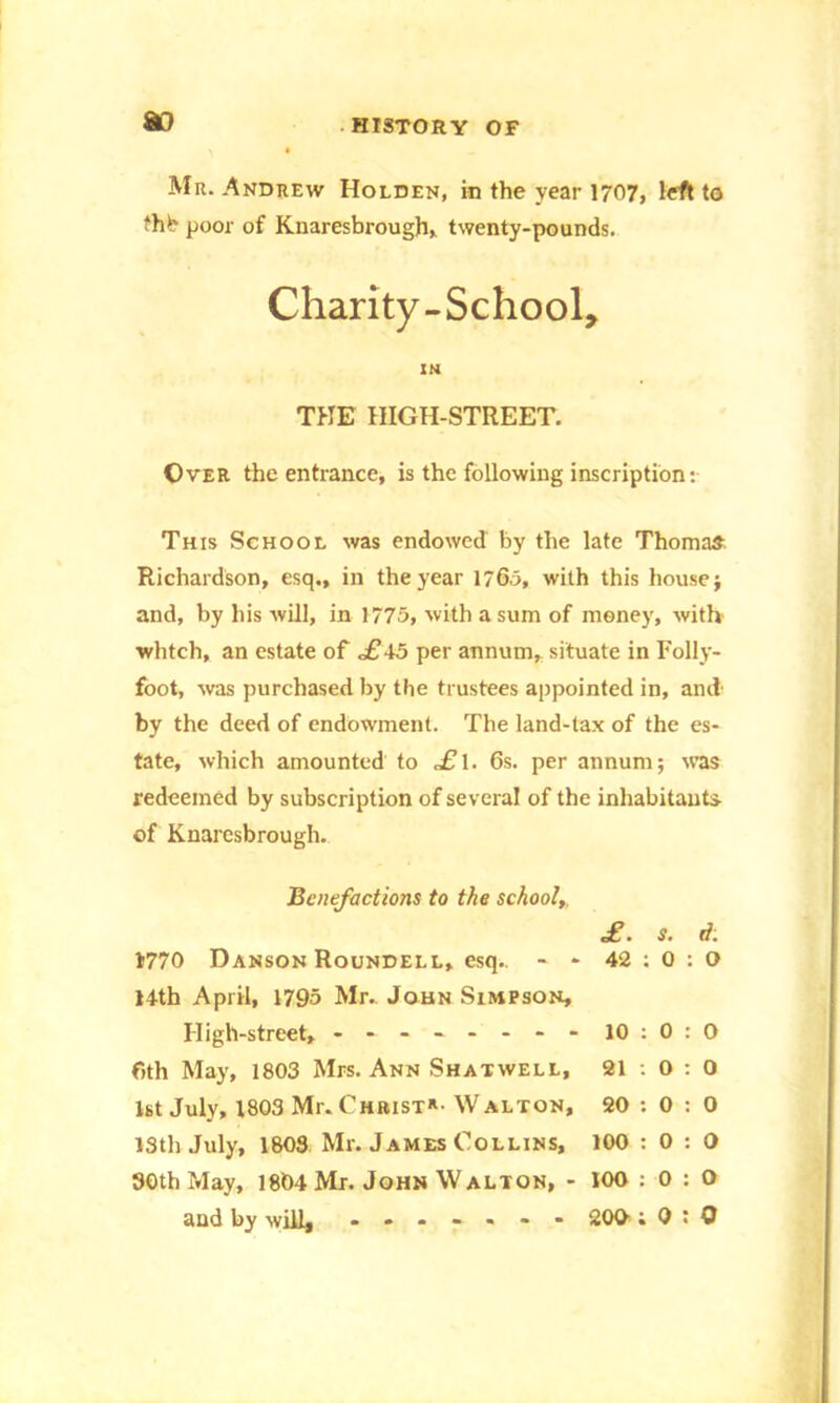 SO Mu. Andrew Holden, in the year 1707, left to tht poor of Knaresbrough, twenty-pounds. Charity-School, IN THE HIGH-STREET. Over the entrance, is the following inscription: This School was endowed by the late Thomas Richardson, esq., in the year 1760, with this house; and, by his will, in 1775, with a sum of money, with whtch, an estate of <£45 per annum, situate in Folly- foot, was purchased by the trustees appointed in, and by the deed of endowment. The land-tax of the es- tate, which amounted to ,£l. 6s. per annum; was redeemed by subscription of several of the inhabitants- of Knaresbrough. Benefactions to the school,, 0^ • $• (f* 1770 Danson Roundell, esq- - * 14th April, 1795 Mr. John Simpson, 42 ; 0 : O High-street, - -- -- -- - 10 : 0 : 0 6th May, 1803 Mrs. Ann Shatwell, 21 : 0 : O 1st July, 1803 Mr. Christ*- W alton, 20 : 0 : 0 18th July, 1803 Mr. James Collins, 100 : 0 : O 30th May, 1804 Mr. John Walton, - 100 : 0 : 0 and by will, ------- 200 ; 0 : 0