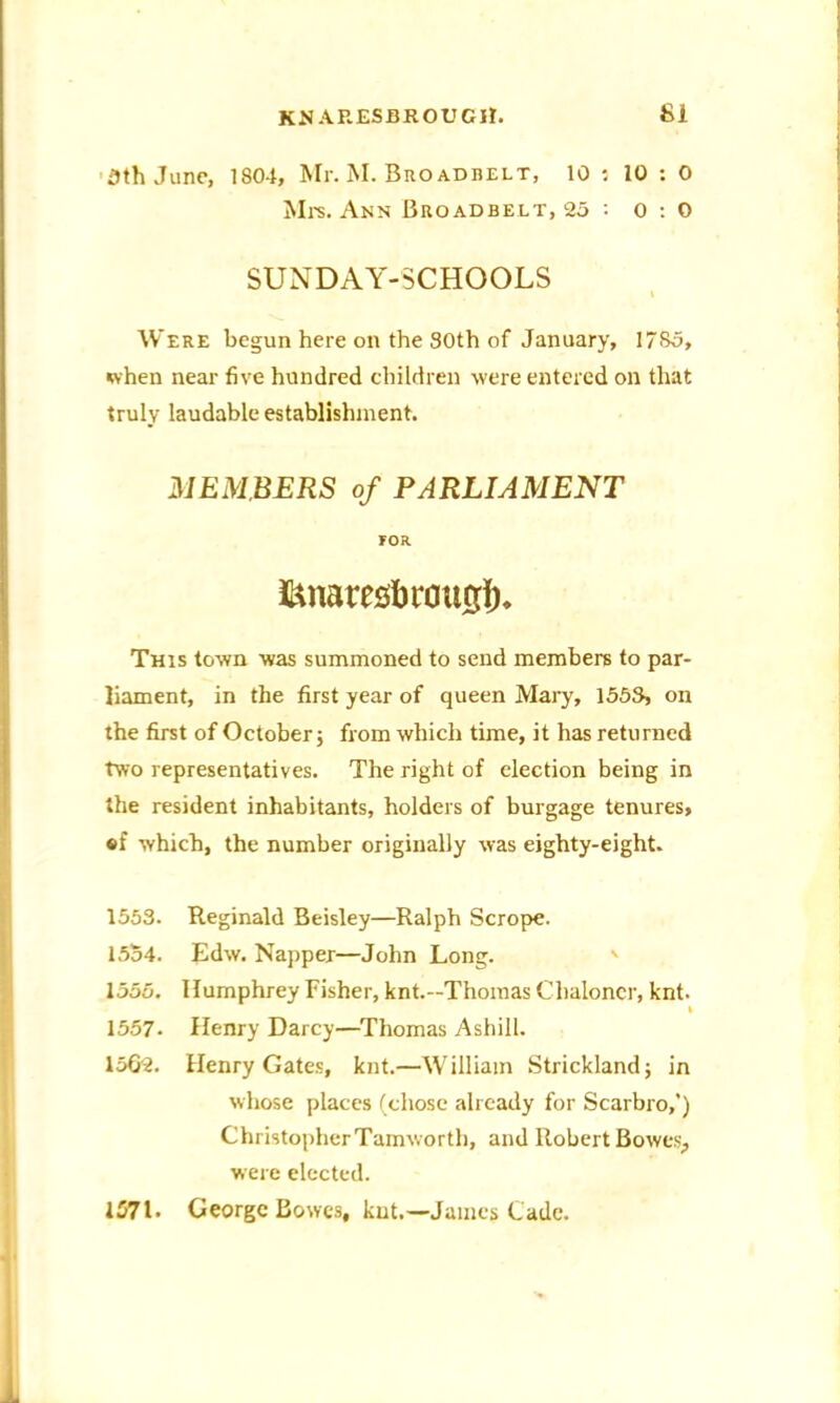 3th June, 1804, Mr. M. Bro adbelt, 10 : 10 : 0 Mrs. Ann Broadbelt, 23 : 0:0 SUNDAY-SCHOOLS i Were begun here on the 80th of January, 1785, when near five hundred children were entered on that truly laudable establishment. MEMBERS of PARLIAMENT roa This town was summoned to send members to par- liament, in the first year of queen Mary, 1558, on the first of October; from which time, it has returned two representatives. The right of election being in the resident inhabitants, holders of burgage tenures, ef which, the number originally was eighty-eight. 1553. Reginald Beisley—Ralph Scrope. 1554. Edw. Napper—John Long. 1555. Humphrey Fisher, knt.—Thomas Chaloncr, knt. i 1557- Henry Darcy—Thomas Ashill. 156?. Henry Gates, knt.—William Strickland; in whose places (chose already for Scarbro,’) ChristopherTamworth, and Robert Bowes, were elected. 1571. George Bowes, knt.—James Cade.