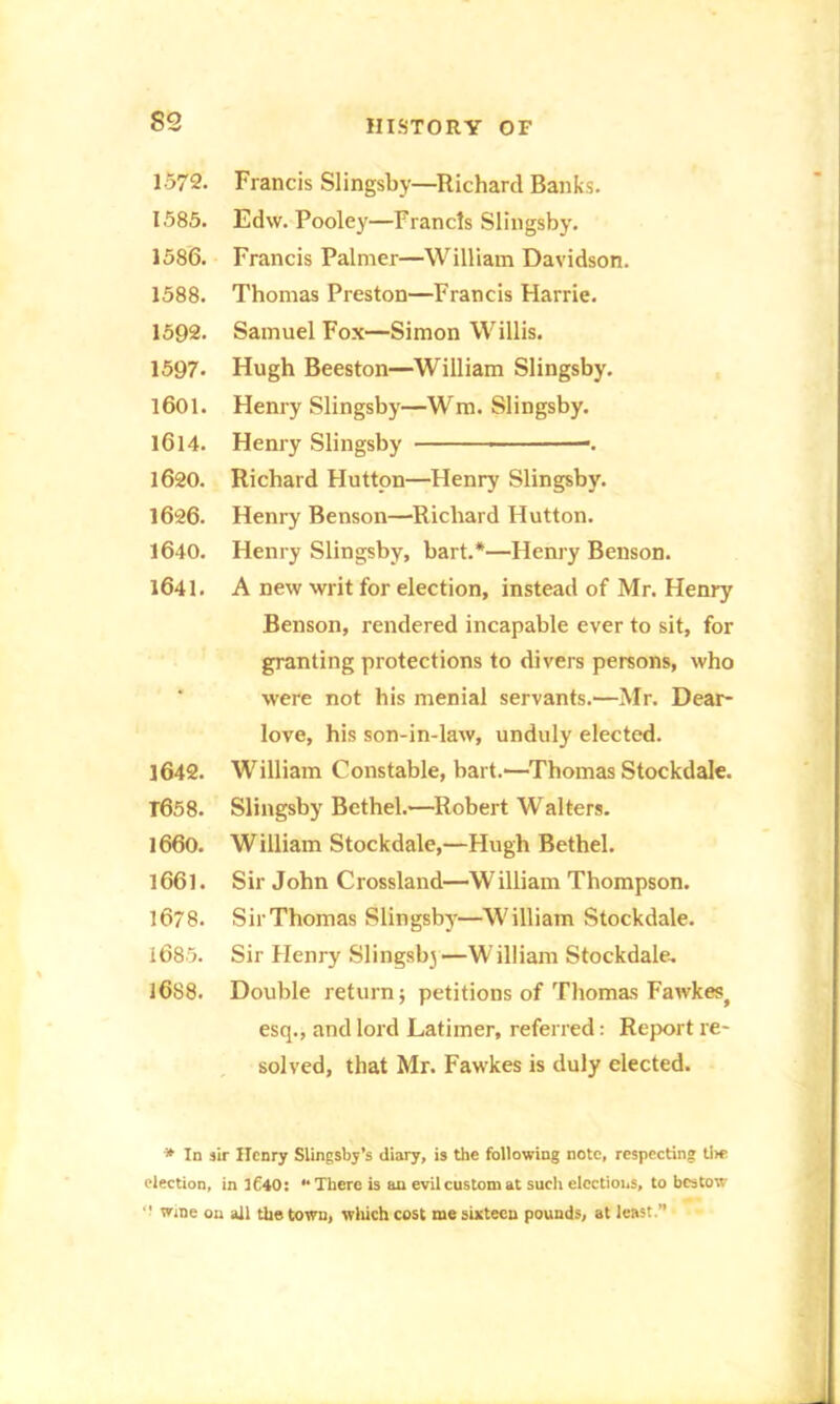 1572. Francis Slingsby—Richard Banks. 1.585. Edw. Pooley—Francis Slingsby. 1586. Francis Palmer—William Davidson. 1588. Thomas Preston—Francis Harrie. 1592. Samuel Fox—Simon Willis. 1597. Hugh Beeston—William Slingsby. 1601. Henry Slingsby—Wm. Slingsby. 1614. Henry Slingsby -. 1620. Richard Hutton—Henry Slingsby. 1626. Henry Benson—'Richard Hutton. 1640. Henry Slingsby, bart.*—Henry Benson. 1641. A new writ for election, instead of Mr. Henry Benson, rendered incapable ever to sit, for granting protections to divers persons, who were not his menial servants.—Mr. Dear- love, his son-in-law, unduly elected. 1642. William Constable, bart.—Thomas Stockdale. T058. Slingsby Bethel.—Robert Walters. 1660. William Stockdale,—Hugh Bethel. 1661. Sir John Crossland—William Thompson. 1678. SirThomas Slingsby—William Stockdale. 1685. Sir Henry Slingsby —William Stockdale. 1688. Double return; petitions of Thomas Fawkes^ esq., and lord Latimer, referred: Report re- solved, that Mr. Fawkes is duly elected. * In sir Henry Slingsby’s diary, is the following note, respecting li>e election, in 1640: •• There is an evil custom at such elections, to bestow '■ wine on all the town, which cost me sixteen pounds, at least ’’