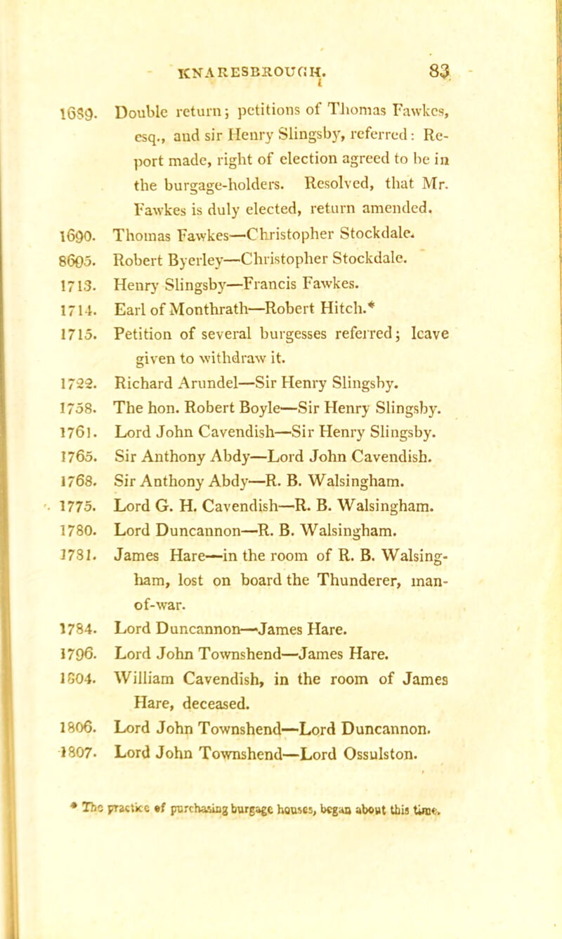 16S9- Double return; petitions of Thomas Fawkes, esq., and sir Henry Slingsby, referred: Re- port made, right of election agreed to he in the burgage-holders. Resolved, that Mr. Fawkes is duly elected, return amended. 1690. Thomas Fawkes—Christopher Stockdale. 8605. Robert Byerley—Christopher Stockdale. 1713. Henry Slingsby—Francis Fawkes. 1714. Earl of Monthrath—Robert Hitch.* 1715. Petition of several burgesses referred; leave given to withdraw it. 1722. Richard Arundel—Sir Henry Slingsby. 1758. The hon. Robert Boyle—Sir Henry Slingsby. 1761. Lord John Cavendish—Sir Henry Slingsby. 1765. Sir Anthony Abdy—Lord John Cavendish. 1768. Sir Anthony Abdy—R. B. Walsingham. 1775. Lord G. H. Cavendish—R. B. Walsingham. 1780. Lord Duncannon—R. B. Walsingham. 1781. James Hare—in the room of R. B. Walsing- ham, lost on board the Thunderer, man- of-war. 1784. Lord Duncannon—>James Hare. 1796. Lord John Townshend—James Hare. 1004. William Cavendish, in the room of James Hare, deceased. 1806. Lord John Townshend—Lord Duncannon. 1807. Lord John Townshend—Lord Ossulston. * Tho practice «f purchasing burgage houses, began about this time.