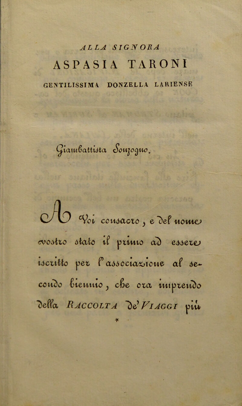 ALLA SIGNORA ASPASIA TARONI I GENTILISSIMA DONZELLA LARIENSF, (yiamtfattuta Soupgno, Jb UOWICJ O «Vei ccudacio y e Def woAtto dtato if pumo ab eaaexe^ tAcutlo pet, P a^octaxjioite af <je- coii^o ^leuuto y c&e oxa tuipxeiido 7)efta PiACCOLTA Viaggi piu