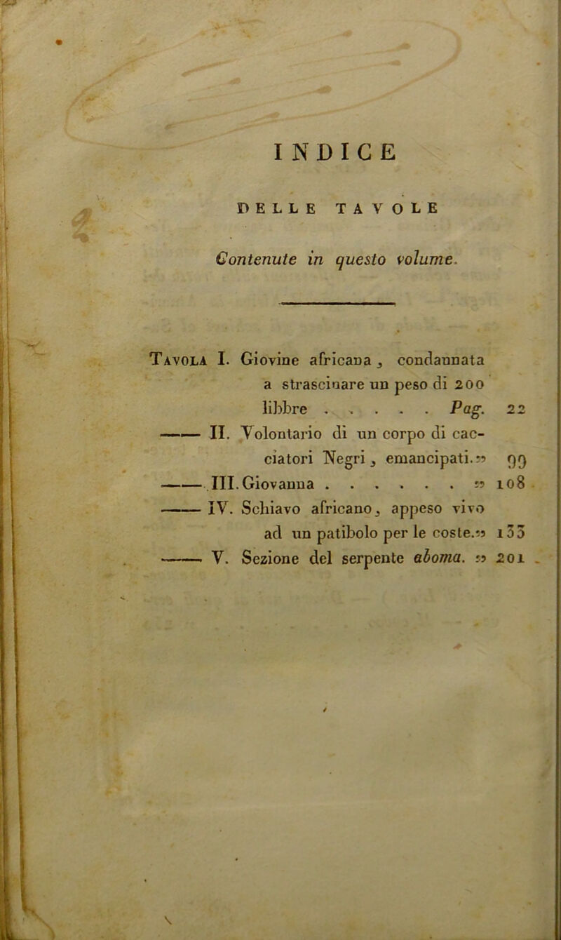 BELLE TAVOLE Oontenute in questo volume. Tavola I. Giovine africaDa ,, condannata a strascinare un peso di 200 lihbre Pag. 22 II. Toloutario di un corpo di cac- ciatori Negri j emancipate r)Q III.Giovanua :? 108 IV. Scliiavo africano_, appeso vivo ad un patibolo per le coste.'s i33 V. Sezione del serpente aboma. 55 201