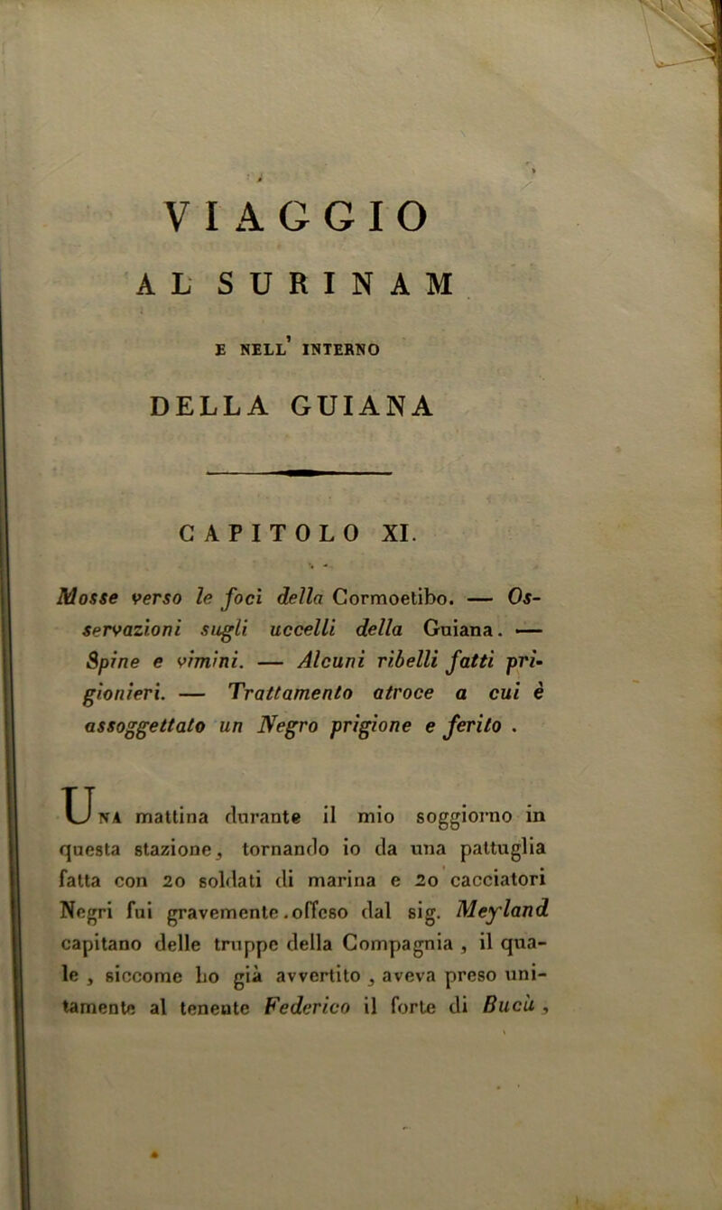 > V I A G G I O A L SURINAM E NELL INTERNO DELLA GUIANA G A P I T 0 L 0 XI. Mosse verso le foci della Cormoetibo. — Os- servazioni sugli uccelli della Guiana. — Spine e vrmini. — Alcuni ribelli fatti pri- gionieri. — Trattamento atroce a cui e assoggettato un Negro prigione e ferito . Una mattina durante il mio soggiorno in questa stazione^ tornando io da una pattuglia fatta con 20 soldati di marina e 20 cacciatori Negri fui gravemenle .offeso dal sig. Meyland capitano delle truppe della Compagnia , il qua- le , siccome bo gia avvertito , aveva preso uni- tamente al tenente Federico il forte di Bucu