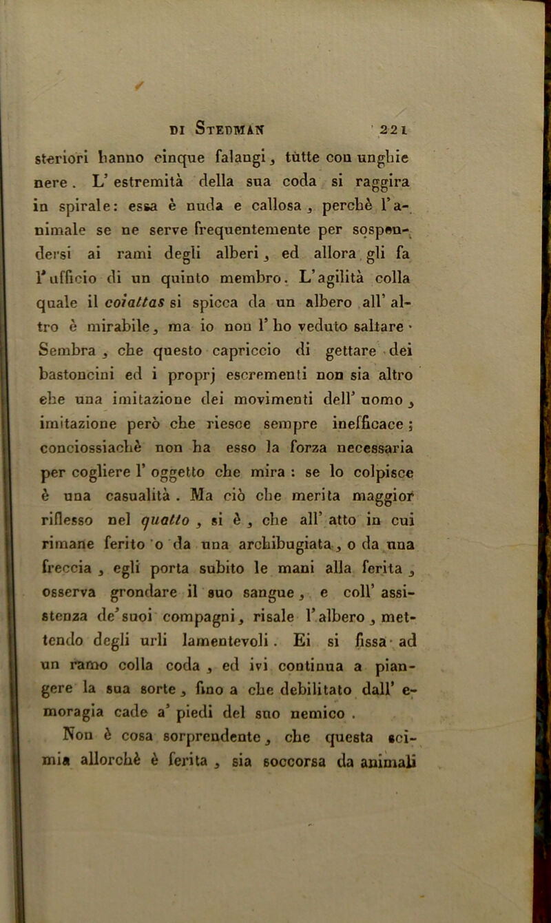 steriori lianuo cinque falangi 3 tiitte cou ungliie nere. L’ estremita della sua coda si raggira in spiral e: essa e nuda e callosa 5 perch& l’a- nimale se ne serve frequentemente per sospen- dersi ai rami degli alberi 3 ed allora gli fa 1*ufficio di un quinto membro. L’agilita colla quale il coialtas si spicca da un albero all’ al~ tro e mirabile, ma io non l5 ho veduto saltare ■ Sembra , che questo capriccio di gettare dei bastoncini ed i proprj escrementi non sia altro ehe una imitazione dei movimenti dell’ uomo 3 imitazione pero che riesce sempre inefficace ; conciossiach& non ha esso la forza necessaria per cogliere 1’ oggetto che mira : se lo colpisce 6 una casualita . Ma cio che merita maggior riflesso nel quallo , si b , che all’ atto in cui rimane ferito o da una archibugiata , o da una freccia 3 egli porta subito le mani alia ferita 3 osserva grondare il suo sangue 3 e coll’ assi- stenza de’suoi compagni, risale 1’albero 3 met- tcndo degli urli lamentevoli . Ei si fissa ad un ramo colla coda 3 ed ivi continua a pian- gere la sua sorte, fino a che debilitato dall’ e- moragia cade a’ piedi del sno nemico . Non k cosa sorprendente 3 che qucsta sci- mia allorchfe e ferita , sia 6occorsa da aniniali