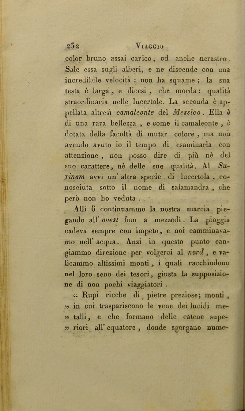 color bruno assai caricOj od ancbe neraslro . Sale essa sugli alberi, e ne disceude con una incredibile velocita : non ba squame ; la sua testa e larga, e dicesi , cbe morda: qualita straordinaria nelle lucertole. La seconda e ap- pellata altresi camaleonte del Messico . Ella u di una rara bellezza 3 e come il camaleonte 3 e dotata della facolta di mutar colore j rna non avendo avuto io il tempo di esaminarla con attenzione , non posso dire di piu ne del suo carattere^ ne delle sue qualita. A1 Su- rinam avvi un’ altra specie di lucertola 3 co- nosciuta sotto il nome di salamandra cbe pero non bo veduta . Alii 0 continuammo la nostra marcia pie- gando all’ ovest fiuo a mezzodi . La pioggia cadeva sempre con impetOj e noi camminava- mo nell’acqua. Anzi in questo punto can- giammo direzione per volgerci al nord, e va- licammo altissimi monti 3 i quali raccbiudono nel loro seno dei tesori, giusta la supposizio- ne di non pocbi viaggiatori . a Rupi riccbe di ^ pietre preziose; monti 3 55 in cui traspariscono le venc dei lucidi me- 55 talli, e cbe formano delle catene supe- 55 riori all’ cquatore 3 dondc sgorgaao nurnc-