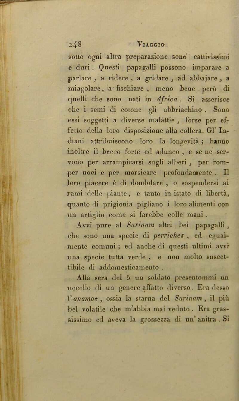 sotto ogni altra preparazione sono cattivissirni e duri . Questi papagalli possono imparare a parlare 3 a ridere a gridare j ad abbajare , a miagolare, a fiscbiare 3 meno beae pero di quelli cbe sono nati in Africa . Si asserisce che i semi di cotone gli ubbriachino . Sono essi soggetti a diverse malattie forse per ef- fetto della loro disposizione alia collera. Gl' In- diani attribuiscono loro la longevita ; banuo inoltre il beceo forte ed adunco ^ e se ne ser- vono per arrampiearsi sugli alberi 3 per rom- per noci e per morsicare profondanaente . II loro piacere e di dondolare , o sospendersi ai rami delle piante, e tanto in istato di liberty quanto di prigionia pigliano i loro alimenti con un artiglio come si farebbe colle mani . Avvi pure al Surinam altri bei papagalli 3 cbe sono una specie di perriches , ed egual- mente comuni ; ed anche di questi ultimi avvr una specie tutta verde ^ e non molto suscet- tibile di addomesticameuto . Alla sera del 5 un soldato presenlommi un uccello di un gencrc affatto diverso. Era desso V anamoe, ossia la starna del Surinam, il piu bel volatile cbe m'abbia mai vedulo . Era gras- sissimo ed aveva la grossezza di un anitra . Si