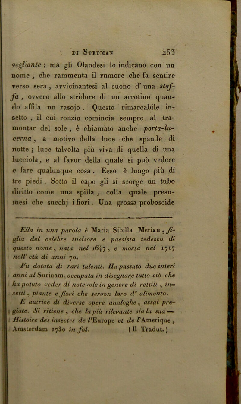 veghante ; raa gli Olaudesi lo indicano con un norae che rammenta il rumore die fa sentire verso sera 3 avvicinantesi al suono d’ una staf- fa , ovvero alio stridore di un arrotino quan- do affda un rasojo . Questo rimarcabile in- setto j il cui ronzio comincia sempre al tra- montar del sole , h chiamato anche porta-lu- cerna, a motivo della luce che spande di notte ; luce talvolta piu viva di quella di una lucciola^ e al favor della quale si puo vedere c fare qualunque cosa . Esso & lungo piu di tre piedi . Sotto il capo gli si scorge un tubo diritto come una spilla , colla quale presu- raesi che succhj i fiori. Una grossa proboscide Ella in una parola e Maria Sibilla Merian^Ji- glia del celebre incisore e paesista tedesco di questo nome, nata nel 16I7 , e morta nel 1717 neir ttd di anni 70. Eu doluta di rari talcnli. Ha passato due interi anni al Surinam, occupata in disegnare tullo cib elie ha potato veder di nolev ole in gencre di retlili , in— setti •) pianle e fiori che servon loro d* alirncnto. E aulrice di diverse opere analoghe, assai pre- giate. Si riliene , che la piu rilevante sia la sua — His loir e det insect del’ Europe et de /’Atnerique t Amsterdam 1730 in fol. (11 Tradut.)