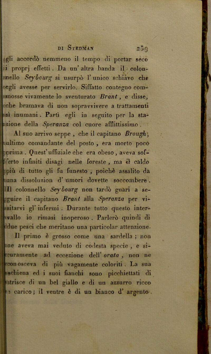 DI SrEDMAN 2J>Q ;gli accordb nerameno il tempo di portar seco i proprj efTetti . Da nn’ altra band a il colon- nello Seylourg si usurpo 1’ unico schiavo che 'egli avesse per servirlo. Siffatto contegno cora- ■ mosse vivamente lo sventurato Brant, e dissej che bramava di non sopravvivere a trattamenti 5 si inumani . Parti egli in seguito per la sta- zione della Speranza col cuore afflittissimo . A1 suo arrivo seppe , che il capitano Brough ', ultimo comandante del posto , era morto poco prima . Quest’uffiziale che era obeso5 aveva sof- 'erto infmiti disagi nelle foreste , ma il caldo piu di tutto gli fa fnnesto , poich£ assalito da una dissolution d’ umori dovette soccombere. ill colonnello Seylourg non tardo guari a se- ^.guire il capitano Brant alia Speranza per vi- •sitarvi gl infermi . Durante tutto questo inter- vallo io rimasi inoperoso . Parlero qnindi di due pesci che meritano una particular attenzione- Il primo h grosso come una sardella ; non ne aveva mai vedulo di codesta specie 3 e si- mramente ad eccezione dell’ orata , non ne xmoaceva di piu vagamente coloriti . La sua schiena ed i suoi fianchi sono picchiettati di itrisce di un bel giallo e di un azzurro ricco } carico; il ventre d di un bianco d’ argento .