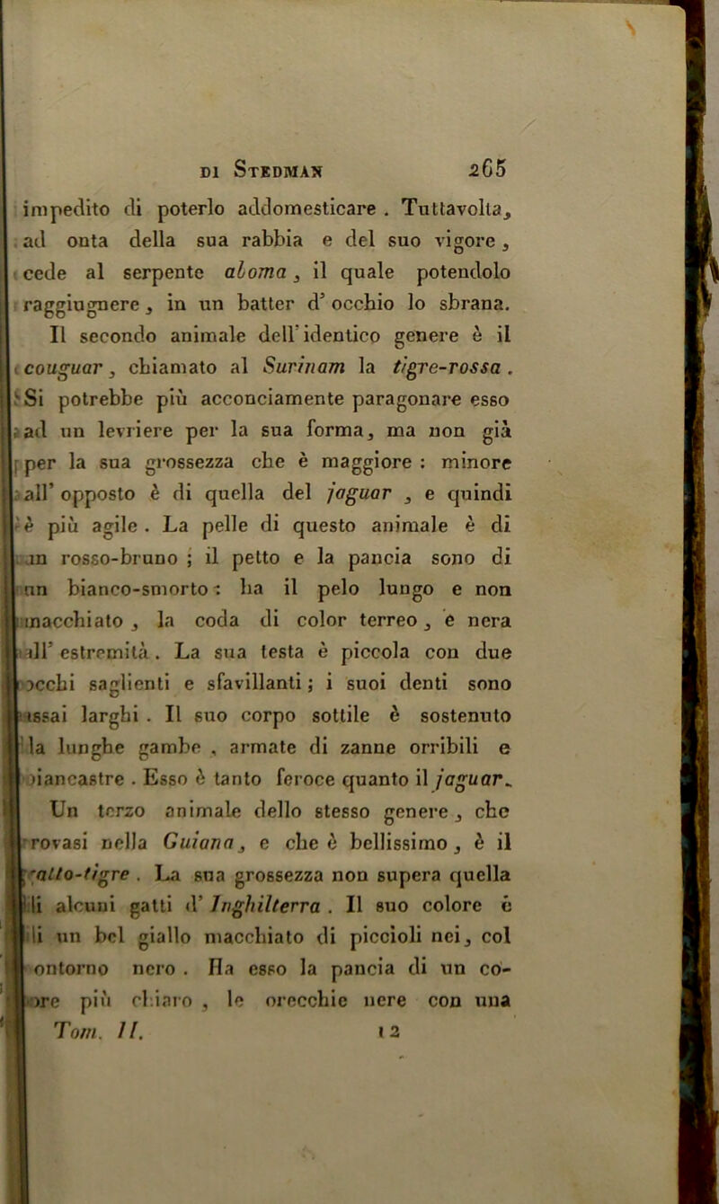 inipedito di poterlo addomesticare . Tuttavolla, ad onta della sua rabbia e del suo vigore, cede al serpente alcana , il quale potendolo raggiugnere , in un batter d5 occhio lo sbrana. II secondo animale dciridentico genere e il couguar, cbiamato al Surinam la tigre-rossa . ' Si potrebbe piu acconciamente paragonare esso ad un levriere per la sua forma, ma non gia per la sua grossezza cbe e maggiore : minore all’ opposto e di quella del jaguar , e quindi •e piu agile. La pelle di questo animale e di m rosso-bruno ; il petto e la pancia sono di un bianco-smorto : ba il pelo lungo e non maccbiato , la coda di color terreo, e nera dl’ estremita. La sua testa e piccola con clue :>ccbi saglienti e sfavillanti; i suoi denti sono jssai larghi . Il suo corpo sottile £ sostenuto | la lungbe gambe , armate di zanne orribili e dancastre . Esso 6 tan to feroce quanto il jaguar. Un tcrzo animale dello stesso genere, eke rovasi nella Guiana , e eke e bellissirno, e il yalto-tigre . La sua grossezza non supera quella li alcuni gatti d’ Jnghilterra . Il suo colore e lii un bcl giallo maccbiato di piccioli nci, col ontorno ncro . Ha esso la pancia di un co- >re pin ckiaro , le oreccbie nere con una Tom. II. 12