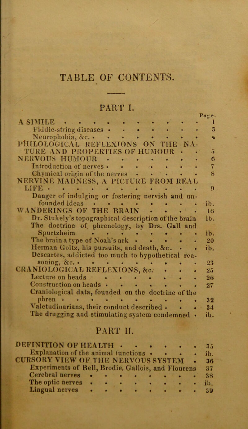 TABLE OF CONTENTS. PART I. Pnprc. A SIMILE I Fiddle-string diseases 3 Neurophobia, &c. PllILOLOGICAL REFLEXIONS ON THE NA- TURE AND PROPERITES OF HUMOUR . • 5 NERVOUS HUMOUR 0 Introduction of nerves 7 Chymical origin of the nerves 8 NERVINE MADNESS, A PICTURE FROM REAL LIFE 9 Danger of indulging or fostering nervish and un- founded ideas ib. WANDERINGS OF THE BRAIN .... ](} Dr. Stukely’s topographical description of the brain ib. The doctrine of phrenology, by Drs. Gall and Spurtzheim ib. The brain a type of Noah’s ark 20 Herman Goltz, his pursuits, and death, &c. . . ib. Descartes, addicted too much to hypothetical rea- soning, &c. 23 CRANIOLOGICAL REFLEXIONS, &c. ... 25 Lecture on heads 2(> Construction on heads 27 Craniological data, founded on the doctrine of the phren Valetudinarians, their conduct described . . . 34 The drugging and stimulating system condemned • ib. PART II. DEFINITION OF HEALTH Explanation of the animal (unctions . . . • ib. CURSORY VIEW OF THE NERVOUS SYSTEM . 3f> Experiments of Bell, Brodie, Gallois, and Flourens 37 Cerebral nerves The optic nerves ib. Lingual nerves