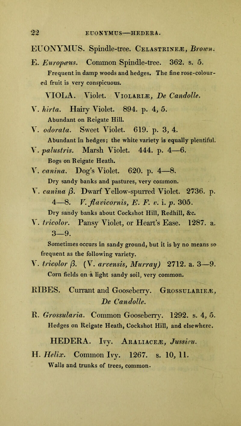 EUONYMUS. Spindle-tree. CELASTRiNEiE, Brown, E. Europwus. Common Spindle-tree. 362. s. 5. Frequent in damp woods and hedges. The fine rose-colour- ed fruit is very conspicuous. VIOLA. Violet. ViOLARiiE, De Candolle. V. hirta. Hairy Violet. 894. p. 4, 5. Abundant on Reigate Hill. V. odorata. Sweet Violet. 619. p. 3, 4. Abundant in hedges; the white variety is equally plentiful. V. palustris. Marsh Violet. 444. p. 4—6. Bogs on Reigate Heath. V. canina. Dog’s Violet. 620. p. 4—8. Dry sandy banks and pastures, very common. \ . canina 1^. Dwarf Yellow-spurred Violet. 2736. p. 4—8. V. Jiavicornis, E. F. v. i. p. 305. Dry sandy banks about Cockshot Hill, Redhill, &c. V. tricolor. Pansy Violet, or Heart’s Ease. 1287. a. 3—9. Sometimes occurs in sandy ground, but it is by no means so frequent as the following variety. \ . tricolor /3. (V. arvensis, Murray) 2712. a. 3—9. Corn fields on^ light sandy soil, very common. RIBES. Currant and Gooseberry. Grossularie.e, De Candolle. R. Grossularia. Common Goosebeny. 1292. s. 4, 5. Hedges on Reigate Heath, Cockshot Hill, and elsewhere. HEDERA. Ivy. Araliaceje, Jussieu, a. Helix. Common Ivy. 1267. s. 10,11. Walls and trunks of trees, common.