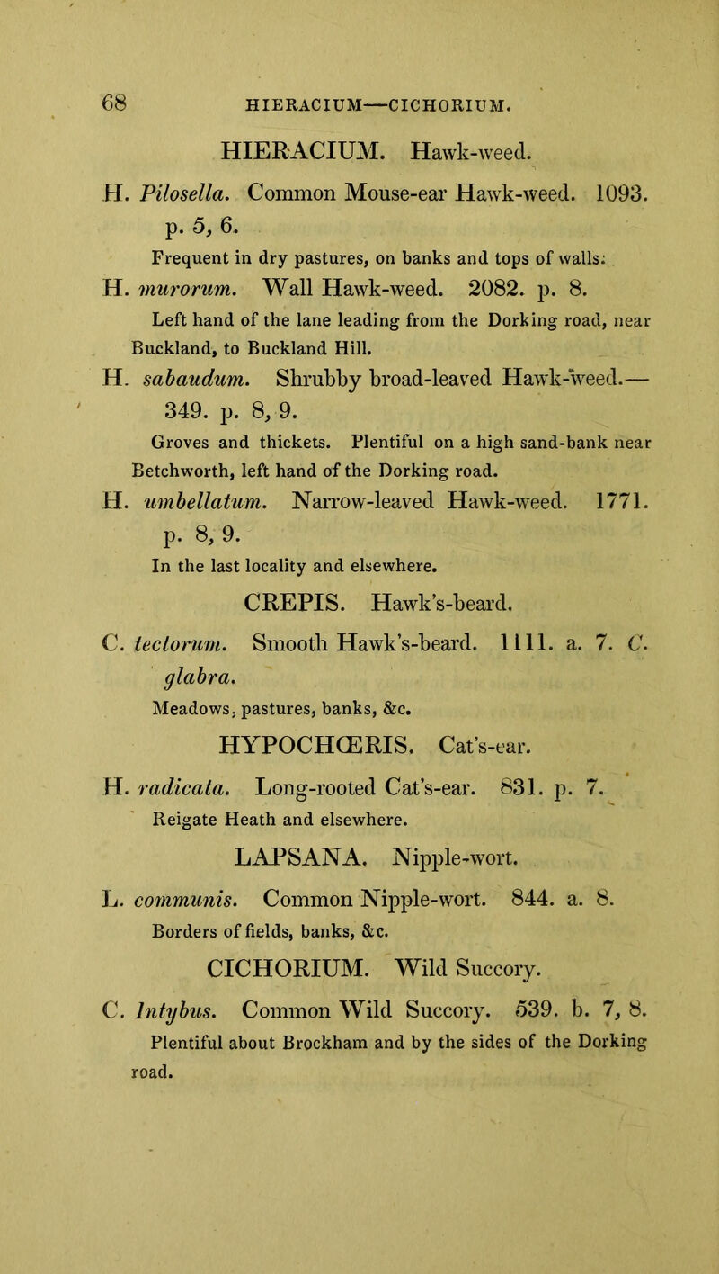 HIERACIUM. Hawk-weed. H. Pilosella. Common Mouse-ear Hawk-weed. 1093. p.5,6. Frequent in dry pastures, on banks and tops of walls; H. murorum. Wall Hawk-weed. 2082. p. 8. Left hand of the lane leading from the Dorking road, near Buckland, to Buckland Hill. H. sahaudum. Shrubby broad-leaved Hawk-weed.— 349. p. 8, 9. Groves and thickets. Plentiful on a high sand-bank near Betchworth, left hand of the Dorking road. H. umhellatum. Narrow-leaved Hawk-weed. 1771. p. 8, 9. In the last locality and elsewhere. CREPIS. Hawk’s-beard. C. tectorum. Smooth Hawk’s-beard. 1111. a. 7. C. glabra. Meadows, pastures, banks, &c. HYPOCHCERIS. Cat’s-ear. H. radicata. Long-rooted Cat’s-ear. 831. p. 7. Reigate Heath and elsewhere. LAPSANA. Nipple-wort. L. co7nmunis. Common Nipple-wort. 844. a. 8. Borders of fields, banks, &c. CICHORIUM. Wild Succory. C. Intybus. Common Wild Succory. 539. b. 7, 8. Plentiful about Brockham and by the sides of the Dorking road.