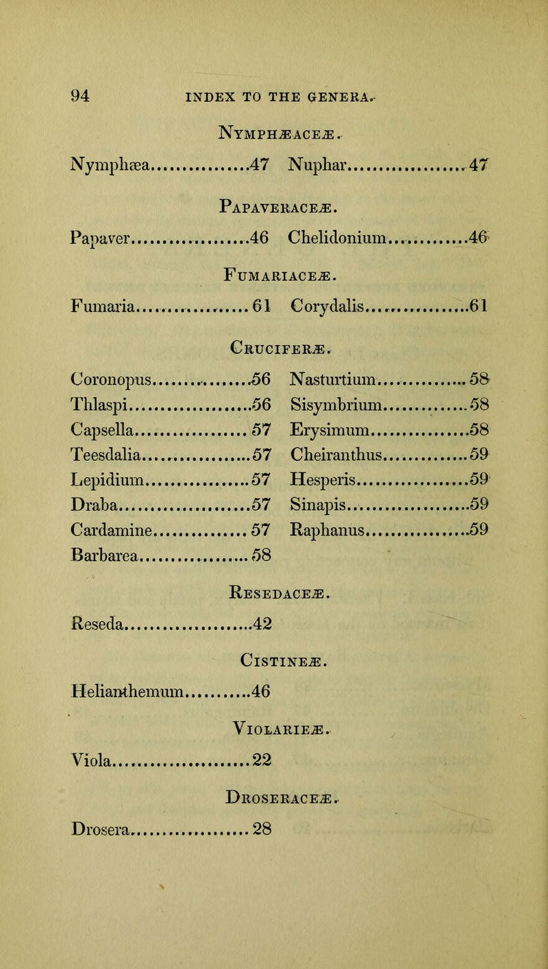 Nymplieea Nymph^ace^ . 47 Papaver PaPAVERACEvE. 46 Fumai'ia.......... FuMARIACEiE. 61 Coronopus CRUCIEERiE. 58 Thlaspi............ .58 Capsella 58 Teesdalia 59 Lepidium 59 Draba 59 Cardamine .59 Barbarea 58 Reseda Resedace^e. 42 Heliantheimim... ClSTINE^. Viola VlOLARIE^. 22 Droserace^e. Drosera, 28