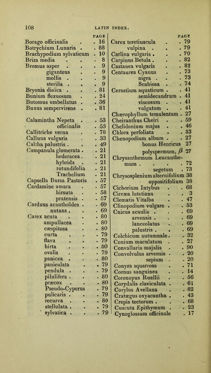 Borago officinalis Botrychium Lunaria . Brachypodium sylvaticum Briza media Bromus asper giganteus mollis . sterilis . Bryonia dioi'ca . Bunium flexuosum Butomus umbellatus . Buxus sempervirens . Calamintha Nepeta . officinalis Callitriche verna Calluna vulgaris Caltha palustris . Campanula glomerata. hederacea. hybrida rotun difolia Trachelium Capsella Bursa Pastoris Cardamine amara hirsuta pratensis . Carduus acantho'ides . nutans . Carex acuta ampullacea CEBspitosa curta flava hirta ovalis panicea . paniculata pendula . pilulifera . praecox Pseudo-Cyperus pulicaris . recurva . stellulata . sylvatica . PAGE Carex teretiuscula . .79 vulpina . . .79 Carlina vulgaris. . .70 Carpinus Betula. . .82 Castanea vulgaris . . 82 Centaurea Cyanus . .73 nigra . . .73 Scabiosa . .74 Cerastium aquaticum . . 41 semidecandrum . 41 viscosum . . 41 vulgatum . . 41 Chaerophyllum temulentum . 27 Cheiranthus Cheiri . . 59 Chelidonium majus . . 46 Chlora perfoliata . . 33 Chenopodium album . . 27 bonus Henricus 27 polyspermum, ^ 27 Chrysanthemum Leucanthe- mum . . . .72 segetum . 73 Chrysospleniumalternifolium 38 oppositifoliura 38 Cichorium Intybus . . 68 Circaea lutetiana . . 3 Clematis Vitalba . . 47 Clinopodium vulgare . . 53 Cnicus acaulis . . .69 arvensis . . .69 lanceolatus . . 69 palustris . . .69 Colchicum autumnale. . 32 Conium maculatum . . 27 Convallaria majalis . . 90 Convolvulus arvensis . . 20 sepium . . 20 Conyza squarrosa . .71 Cornus sanguinea . . 14 Coronopus Ruellii . . 56 Corydalis claviculata . .61 Corylus Avellana . . 82 Crataegus oxyacantha . . 43 Crepis tectorum . . .68 Cuscuta Epithymum . . 23 ' Cynoglossum officinale . 17 PAGE . 16 . 88 . 10 . 8 . 9 . 9 . 9 . 9 . 81 . 24 . 36 . 81 . 53 . 53 . 78 . 33 . 49 , 21 . 21 . 21 . 21 . 21 . 57 . 57 . 58 . 57 . 69 . 69 . 80 . 80 . 80 . 79 . 79 . 80 . 79 . 80 . 79 . 79 . 80 . 80 . 79 . 79 . 80 . 79 . 79